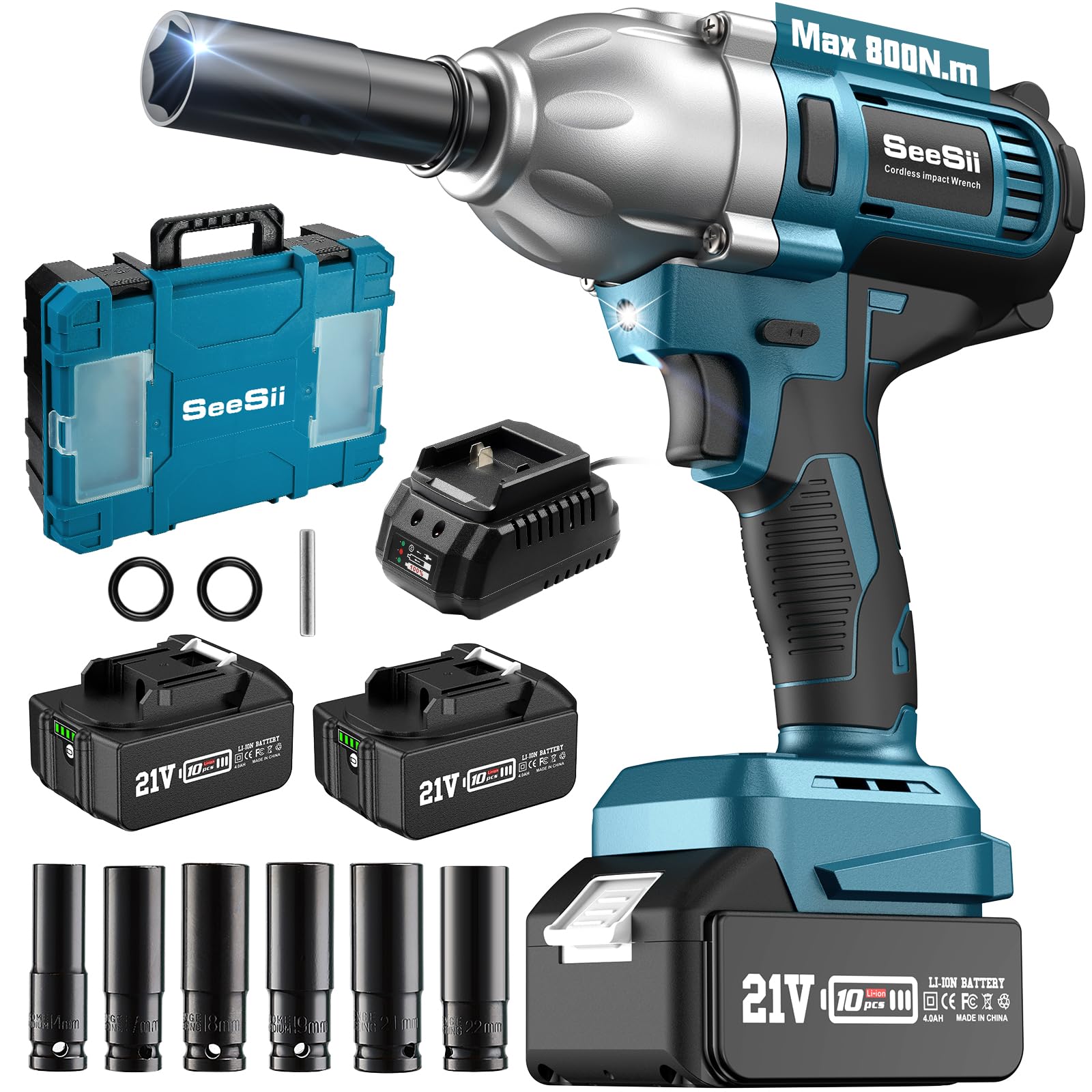 Seesii 1/2 Inch Cordless Impact Wrench 580Ft-lbs (800N.m) High Torque Brushless Electric Impact Gun with 2X 4.0Ah Batteries, Fast Charger & 6 Sockets - Perfect for Car Tire Changes, Home Repairs & DIY Automotive Projects