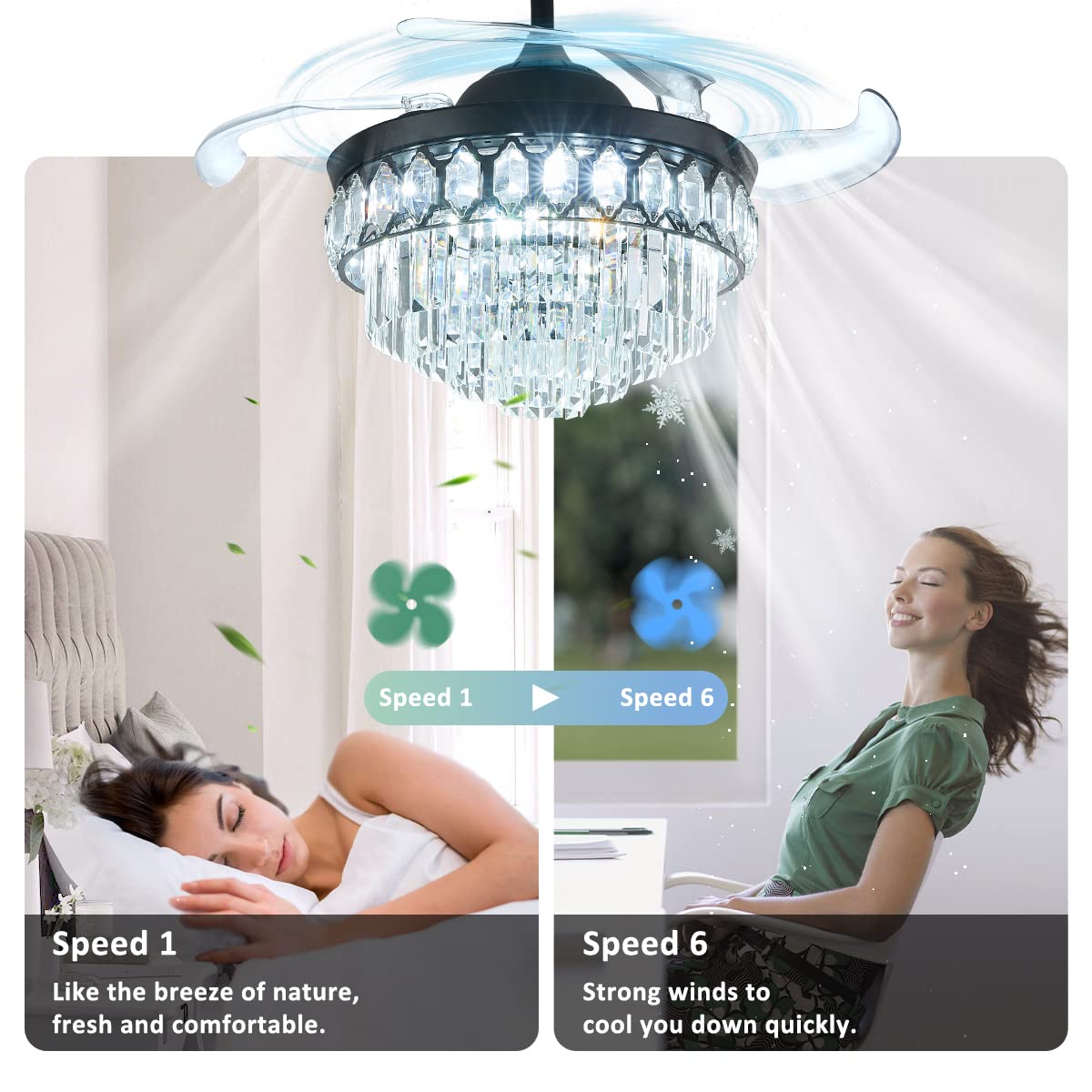 CLAIRDAI 42 Inch Retractable Crystal Ceiling Fan with Light - Dimmable LED Chandelier Fan, 6 Speed Settings & 3 Lighting Modes, Memory Function - Perfect for Living Room, Bedroom, and Dining Room Decor
