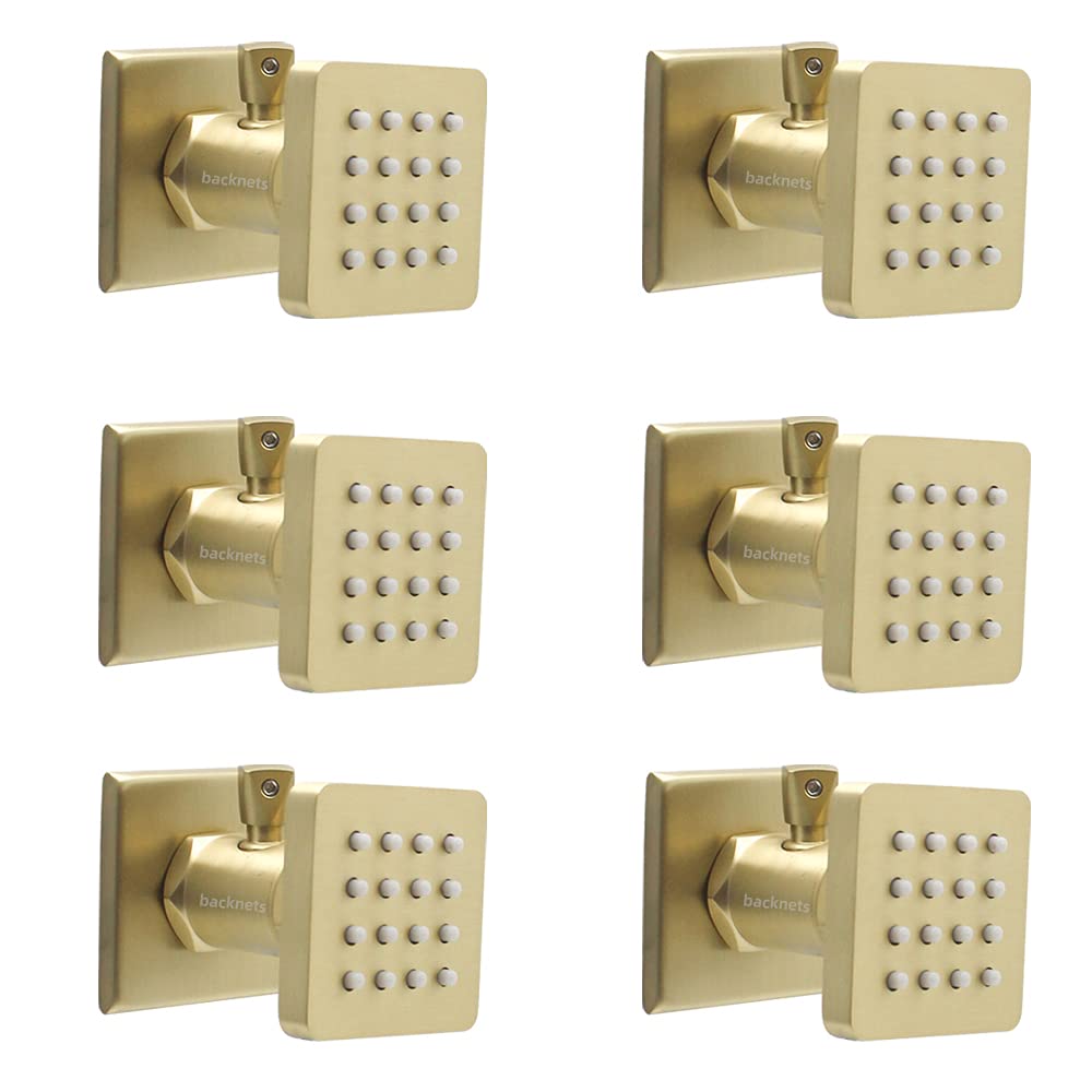 Premium 6-Piece Solid Brass Square Shower Body Spray Set with On/Off Switch - Brushed Gold Wall Mount Massage Nozzle Jets - Adjustable Flow & Swivel Showerhead for Luxurious Spa-Like Bathroom Experience