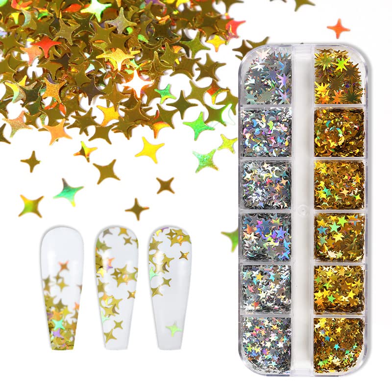 Holographic Nail Sequins Glitter Flakes Kit - Gold & Silver Laser Paillettes for Nail Art Decorations, Gel Polish Manicure - Perfect for DIY Nail Designs, Salon Use, and Party Glam Looks