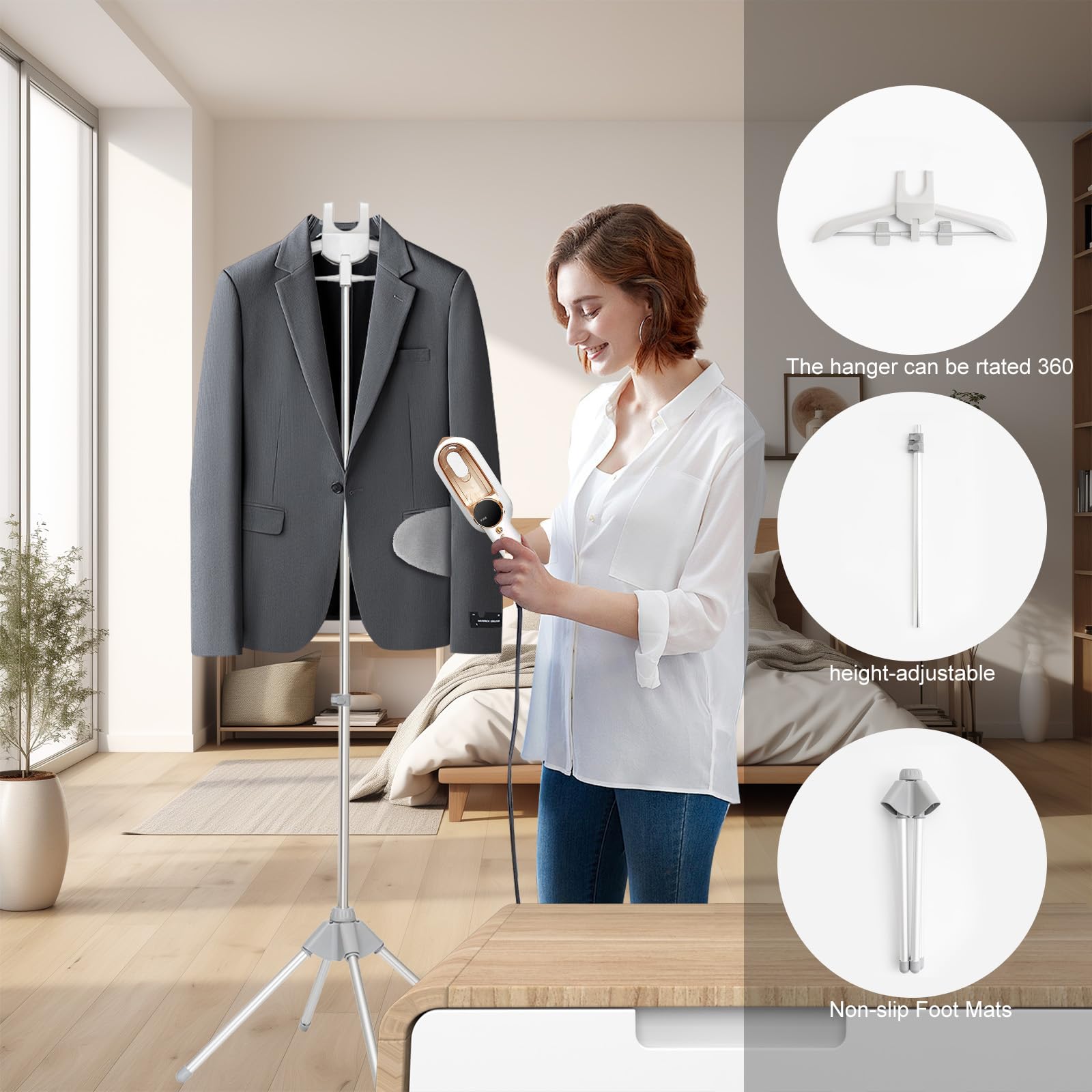 Portable Standing Clothes Steamer with Adjustable Hanger & Ironing Gloves | Foldable Garment Drying Rack | Handheld Steamer for Travel & Home Use | Perfect for Wrinkles Removal & Quick Ironing | Grey