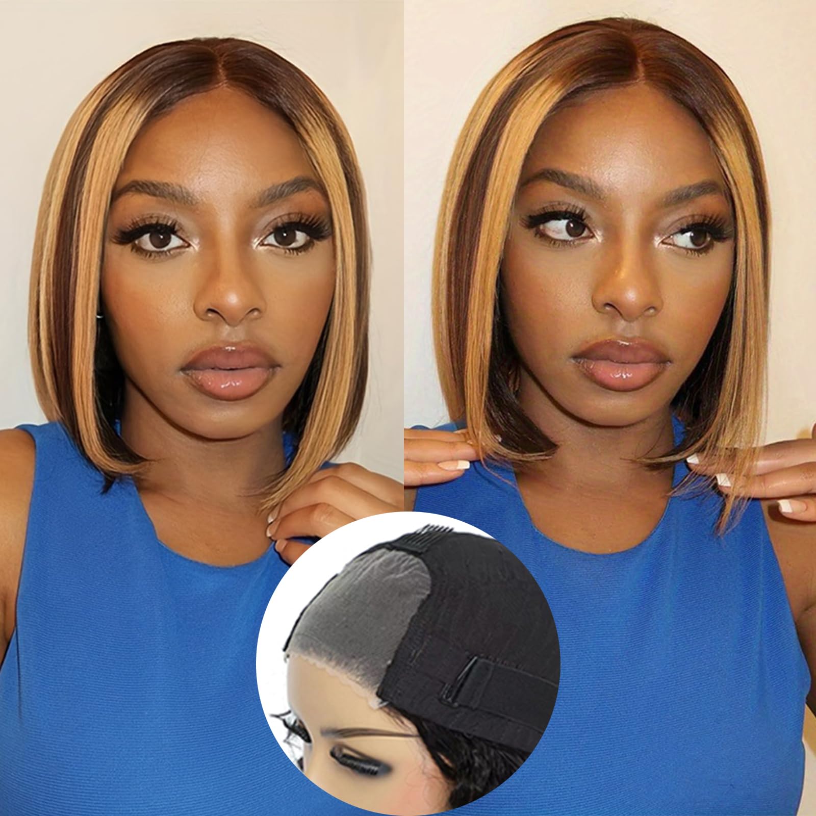Glueless Bob Wig Human Hair - 4/27 Ombre Highlight Short Straight Blonde Pre Plucked Wigs with 4x4 HD Lace Closure | Wear & Go No Glue Bob Wigs for Women | Perfect for Daily Wear, Parties & Cosplay