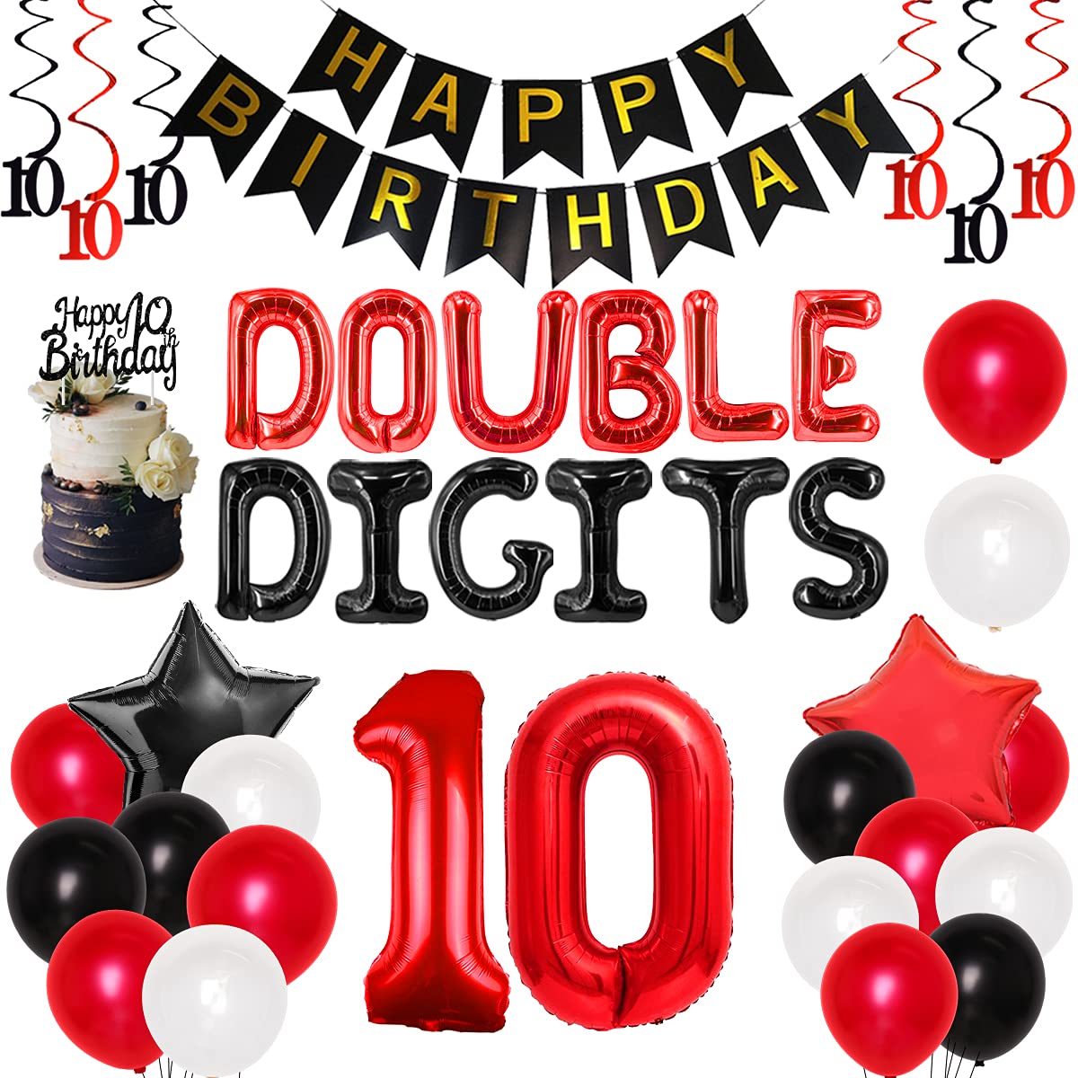 10th Birthday Party Decorations for Boys - Red & Black Double Digits Theme with Foil Balloons, Hanging Swirls, Cake Topper & Banner | Perfect for 10 Year Old Birthday Celebrations, Decorations & Photo Backdrops