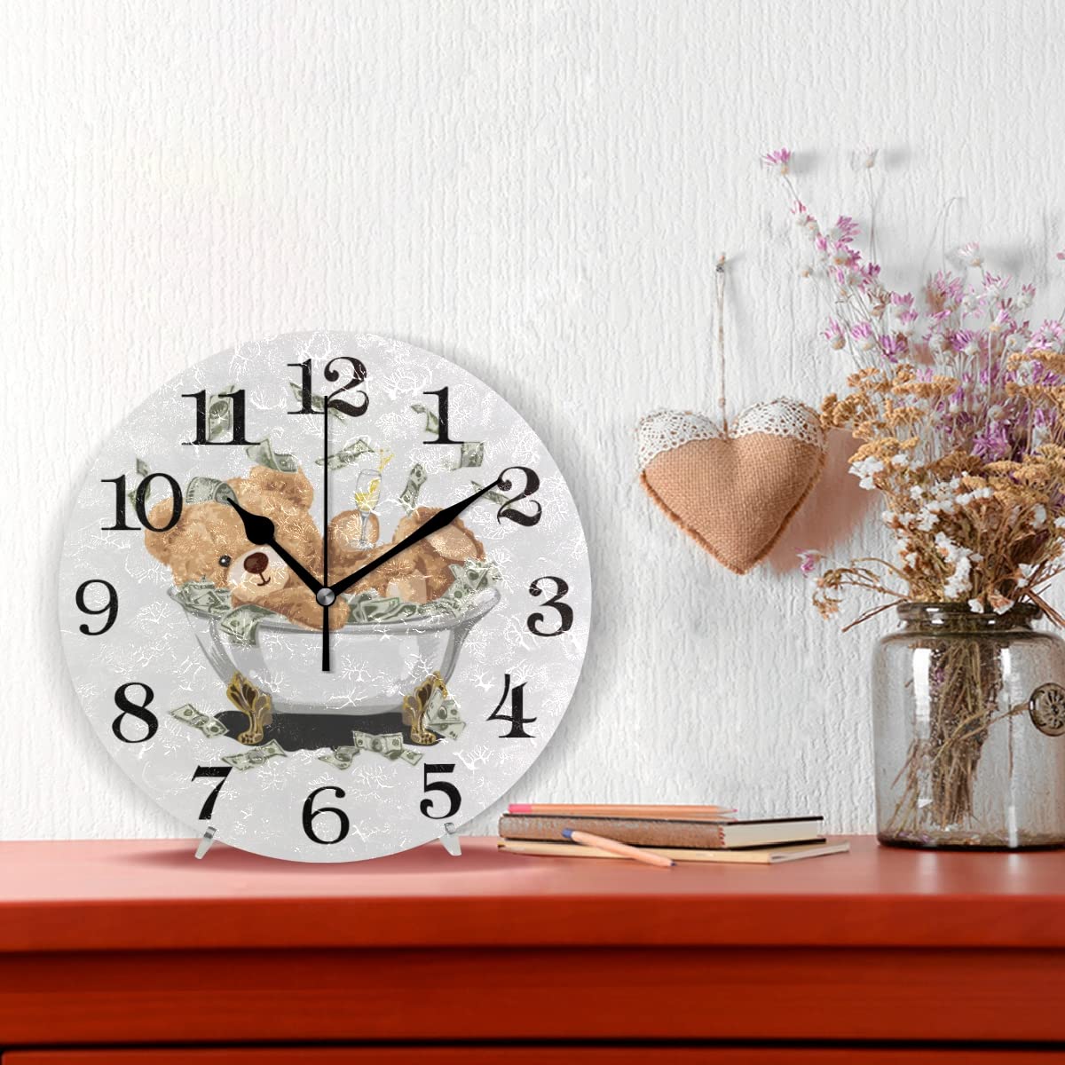 J JOYSAY 9.8 Inch Silent Non-Ticking Rustic Bear Wall Clock - Battery Operated Bathroom Clock for Home, Office, Bedroom & Kitchen Decor | Waterproof & Decorative Art Clock for Bathroom, Spa & Relaxation Areas