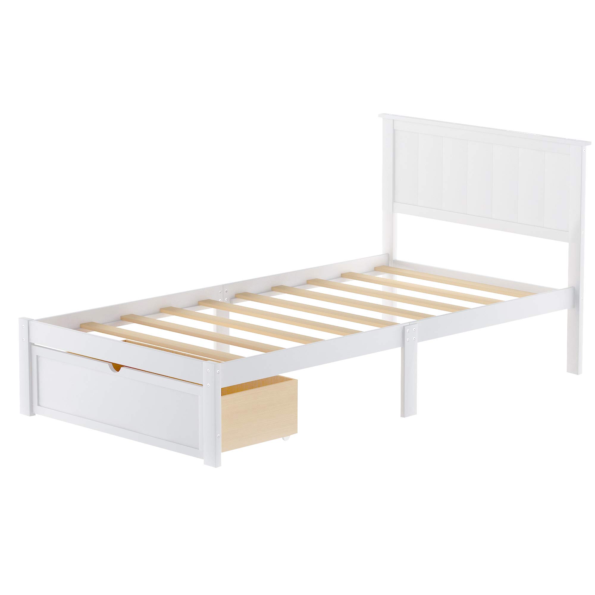 P PURLOVE Twin Size Wooden Platform Bed Frame with Under-Bed Storage Drawer & Slat Support - White - Perfect for Small Bedrooms, Guest Rooms & Dormitories