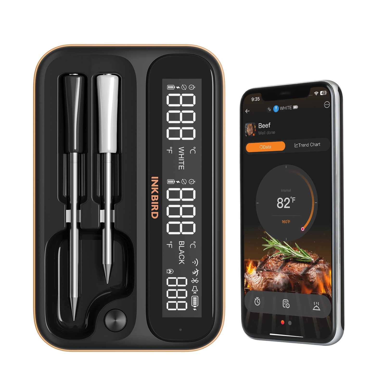 Wireless Meat Thermometer with WiFi & Bluetooth - Digital Cooking Thermometer for Grilling, Smoking, BBQ - INT 12 BW - Perfect for Indoor & Outdoor Cooking