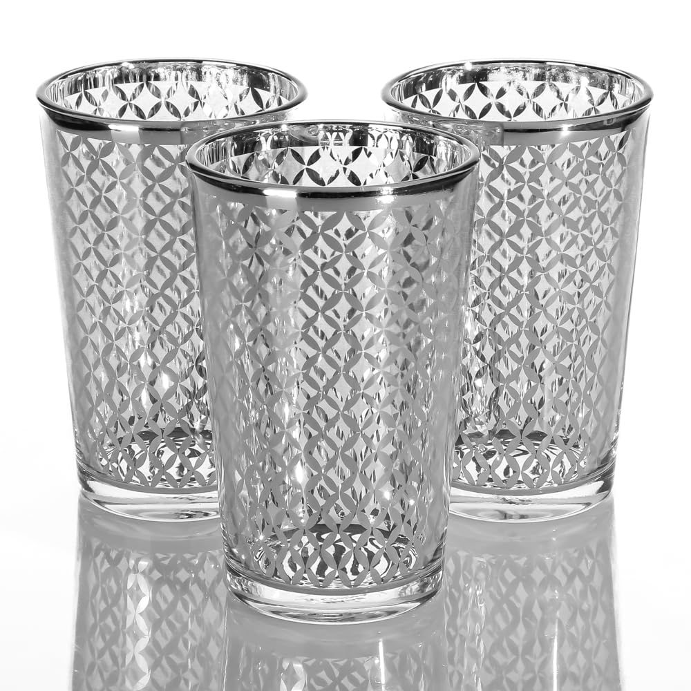 Richland Lattice Silver Metallic Glass Candle Holder (Large) - Set of 48 - Elegant Centerpiece for Weddings, Parties & Home Decor