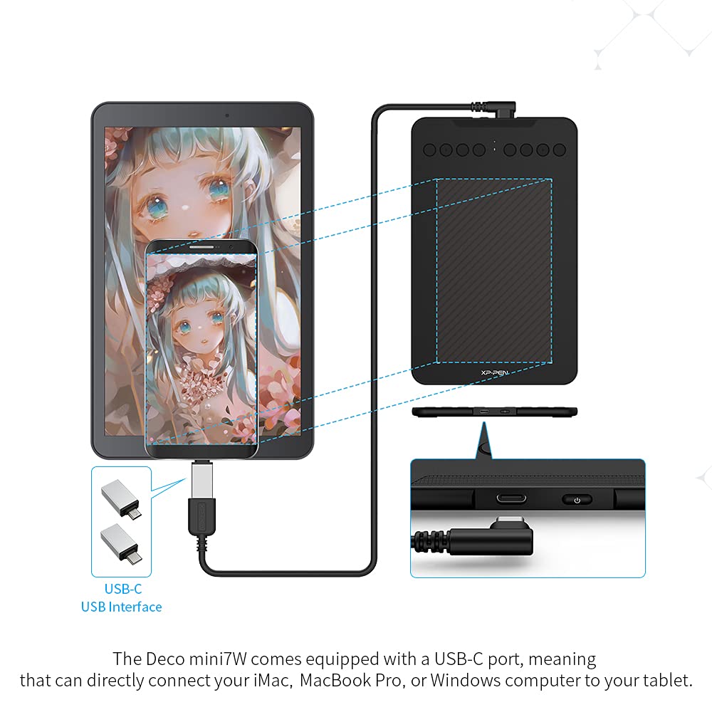 XPPen Deco mini7W Wireless Drawing Tablet - 7 x 4 Inch Graphic Tablet with 8192 Pressure Levels, Compatible with Windows/Mac/Android/Chrome/Linux - Perfect for Digital Art, Online Teaching & E-Learning