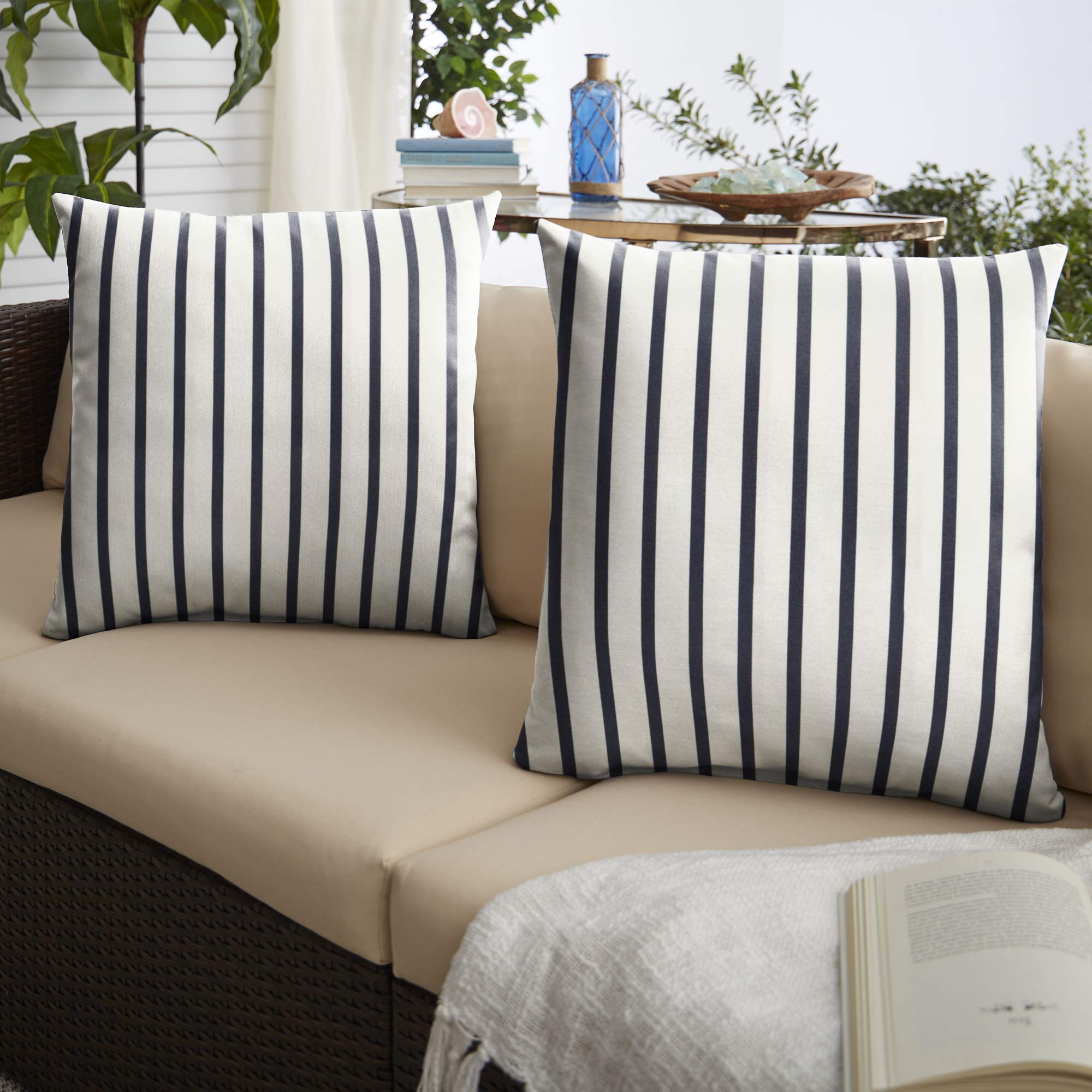 Premium Set of 2 Lido Indigo Outdoor Pillows - 18 Inch Waterproof Decorative Throw Pillows for Patio, Poolside, Garden & Porch - Weather Resistant Outdoor Cushions