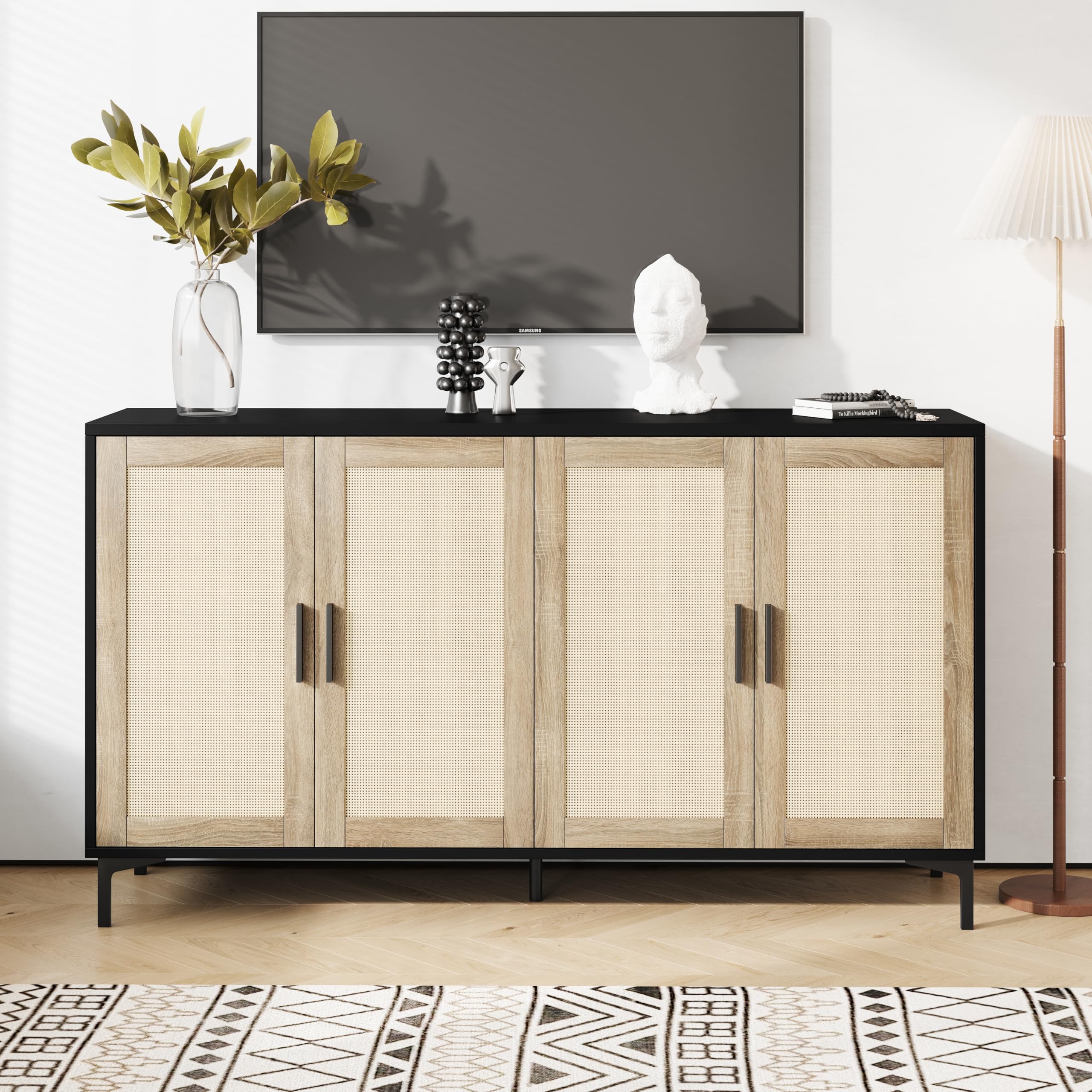 Rattan Sideboard Buffet Cabinet with Storage Doors - Modern Kitchen Coffee Bar Cabinet for Living Room, Entryway, Dining Room | Stylish Home Storage Solution for Dishes, Linens & Entertaining Essentials