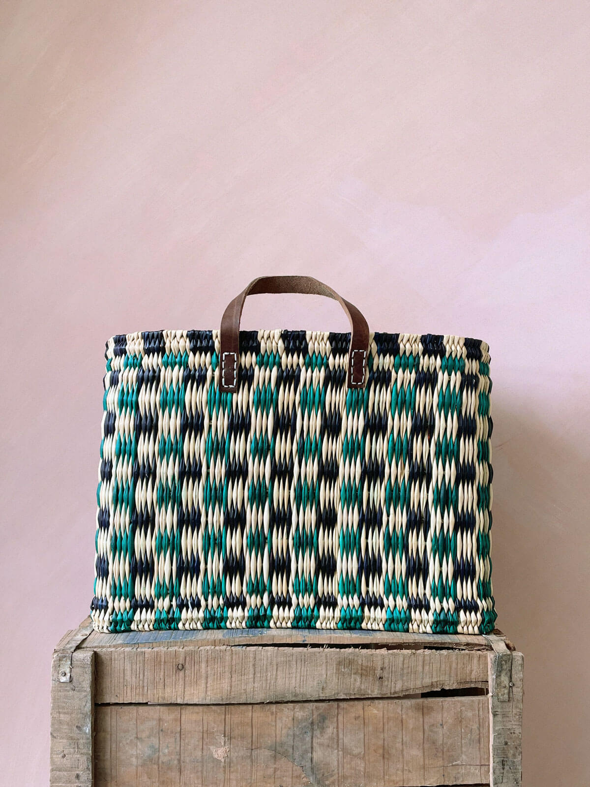Handwoven Checkered Reed Storage Basket - Indigo & Green - Perfect for Home Organization, Laundry, and Farmhouse Decor
