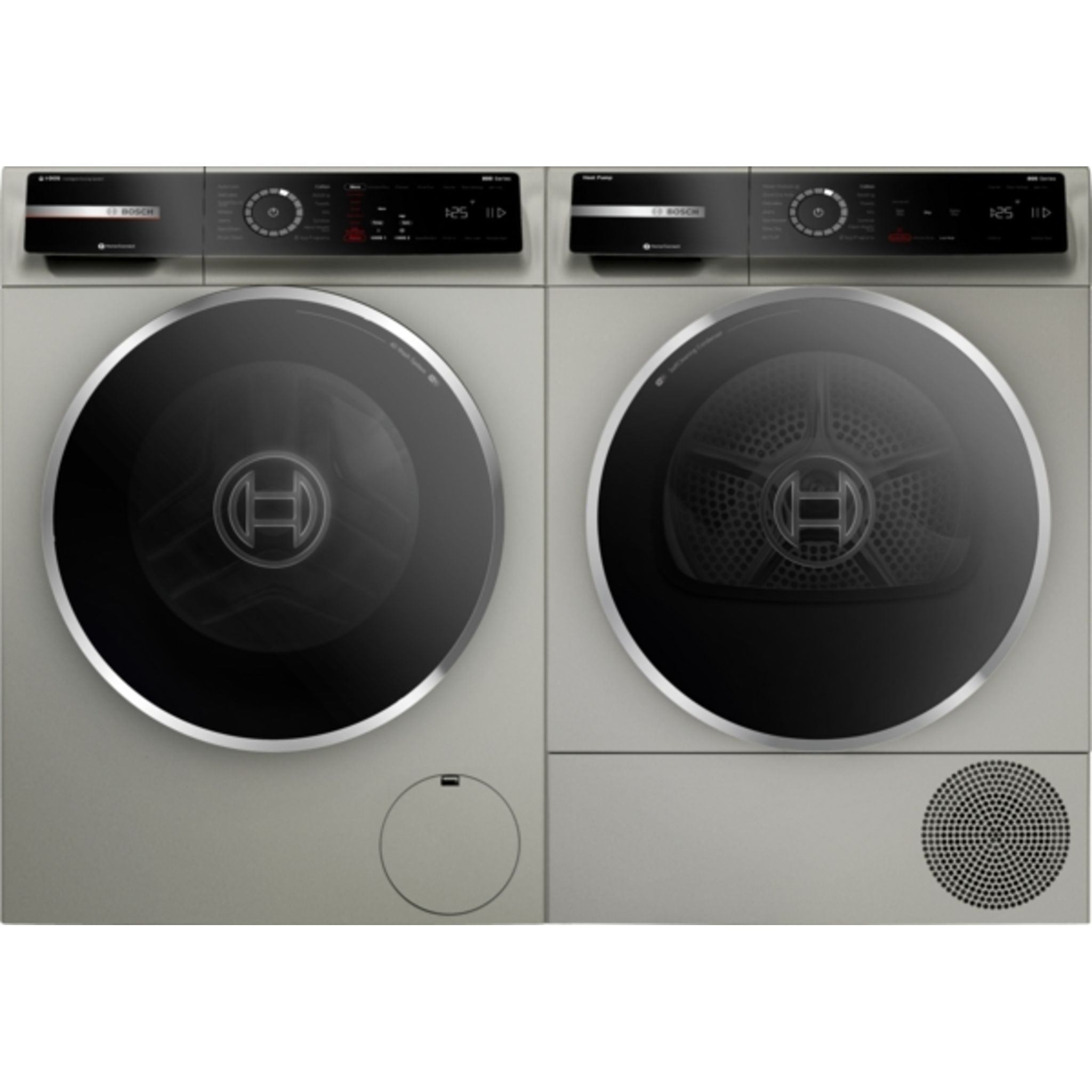 Bosch 500 Series Front Load Washer and Dryer Pair (WGB246AXUC & WQB245AXUC) in Pearl Steel - Energy Efficient Laundry Set for Modern Homes