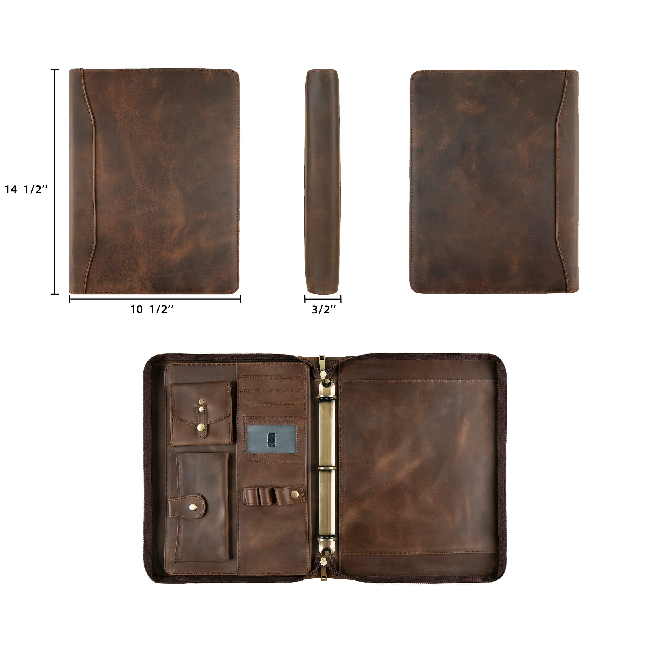 Premium Leather Portfolio with 3-Ring Binder - Personalized Zippered Executive Padfolio & Organizer - Custom Engraved Leather Folder for Men & Women (Dark Khaki) - Perfect for Business Meetings, Corporate Gifts & Professional Presentations