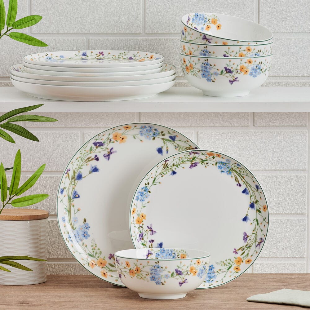 Quinn 12-Piece Dinnerware Set - Service for 4 People, Porcelain Dinner Plates, Bowls & Mugs - Elegant Tableware for Family Dinners, Parties & Everyday Use