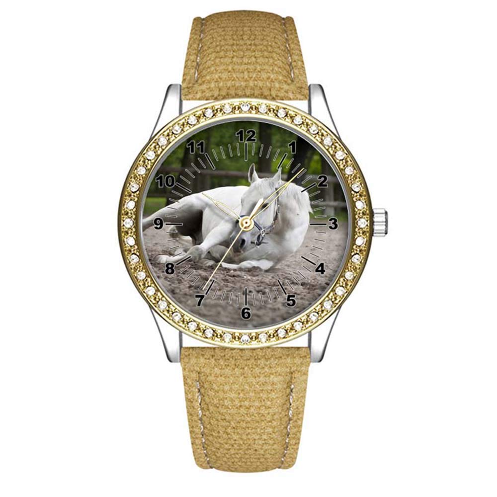 Luxury Diamond Women's Leather Watch - Fashionable Gold Casual Timepiece for Ladies - Waterproof Brown Wristwatch with White Horse Design - Perfect for Office, Dating & Special Occasions