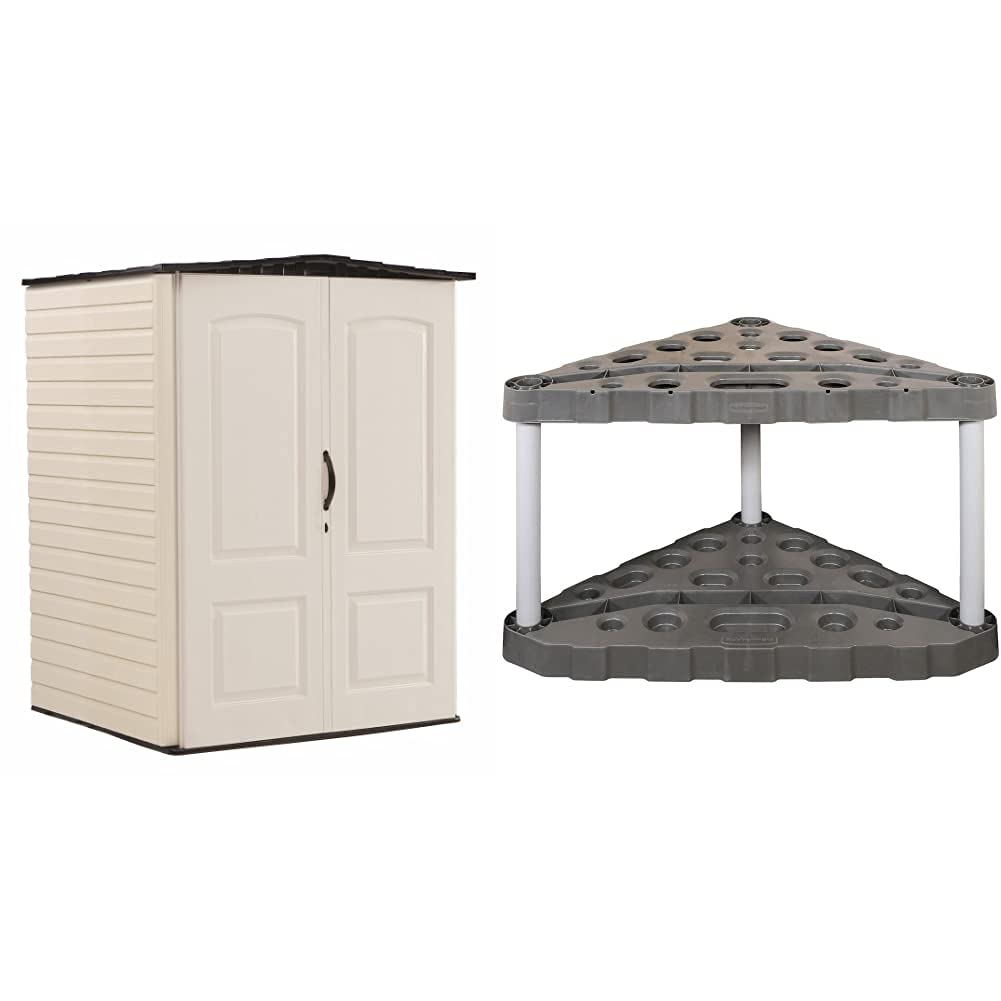 Rubbermaid 5x4 Feet Outdoor Storage Shed - Weather Resistant Vertical Garden Shed with Tool Rack & Broom Holder | Perfect for Backyard, Patio & Garage Organization (Sandstone Color)