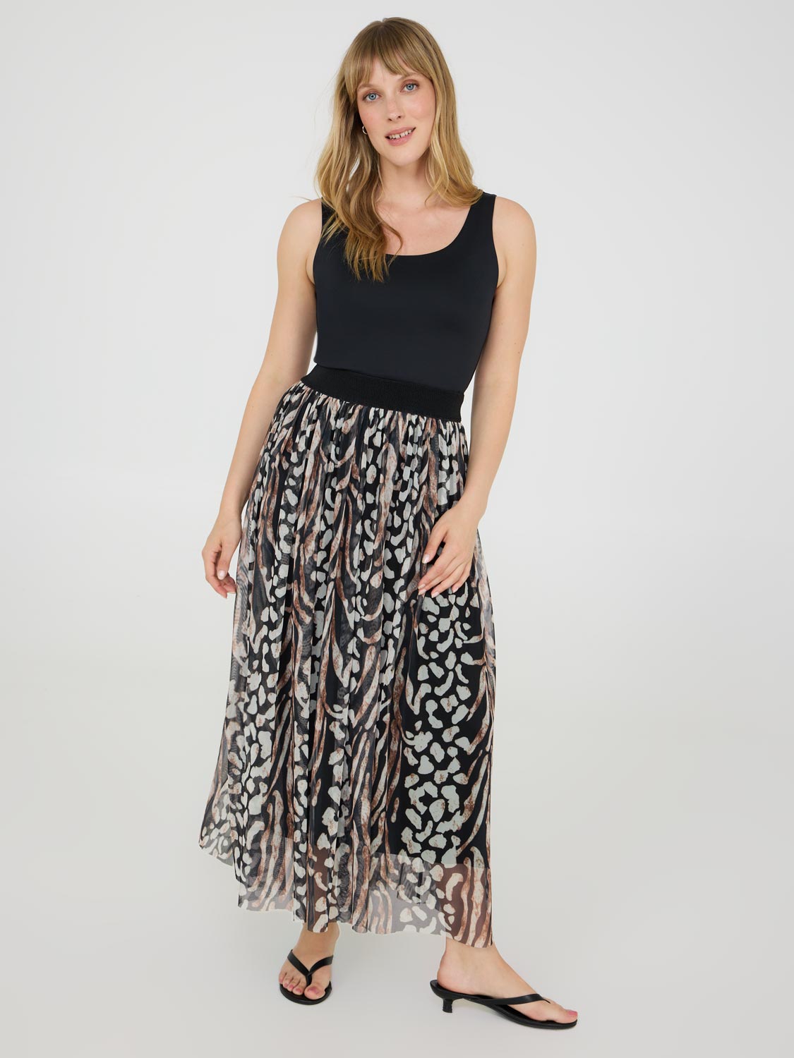 Stylish Animal Print Pleated Mesh Skirt for Women - Trendy High Waist A-Line Skirt with Side Slits - Perfect for Parties, Date Nights & Casual Outings