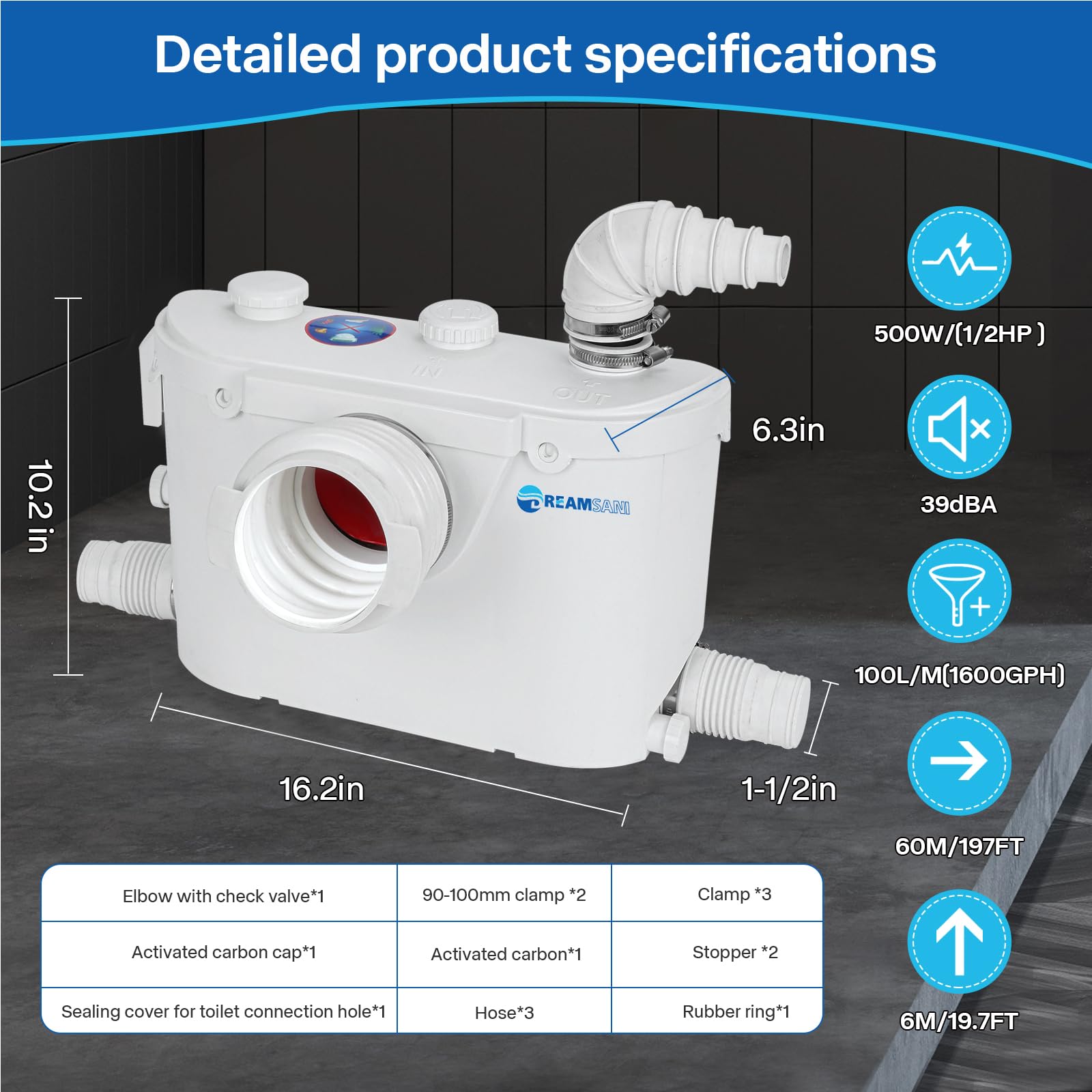 500W Macerator Pump for Toilet & Sink - 4 Inlet Sewage Water Pump for Bathroom, Kitchen & Domestic Waste Drainage - Ideal for RV, Boat & Tiny House Plumbing Systems