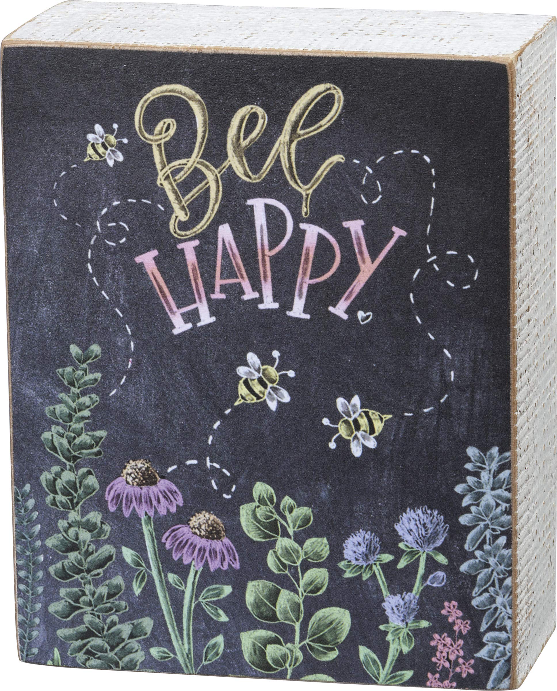 Primitives by Kathy Box Sign Bee Happy - Rustic Wooden Home Decor for Farmhouse, Kitchen & Garden - Perfect for Wall Art & Gift Giving