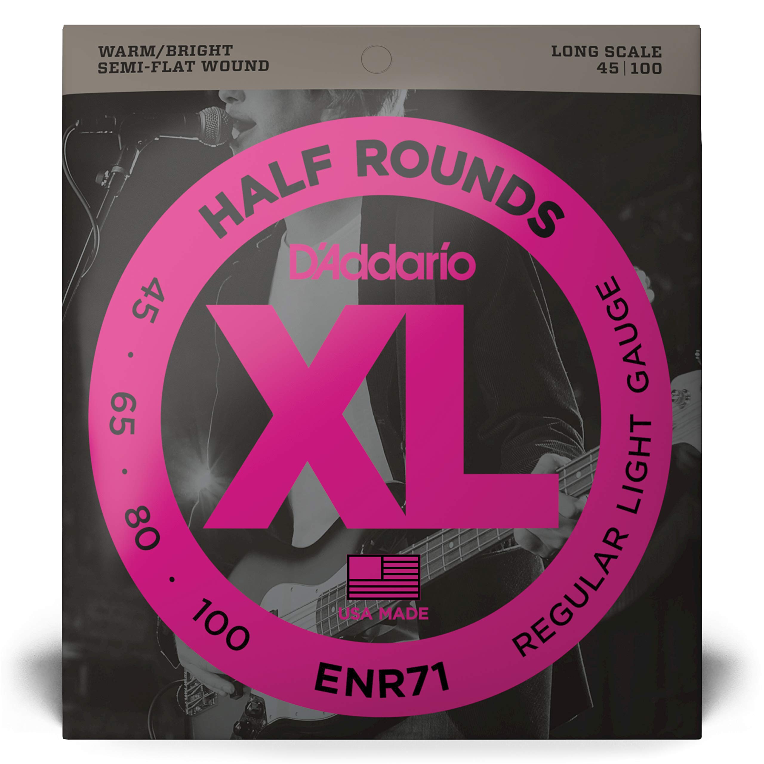 D'Addario XL Nickel Half Round Bass Guitar Strings - ENR71, Long Scale, Regular Light Gauge 45-100, 4-String Set (Pack of 1) | Smooth Playability for Jazz, Blues & Rock Performances