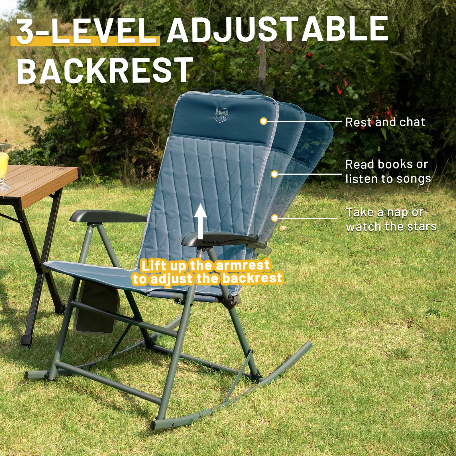 TIMBER RIDGE Adjustable Rocking Camping Chair - Padded High Back Outdoor Rocker with Side Pocket, Portable Folding Chair for Adults (300 LBS Capacity) - Perfect for Lawn, Patio, Porch, Beach & Backyard Relaxation - Blue (1 Pack)