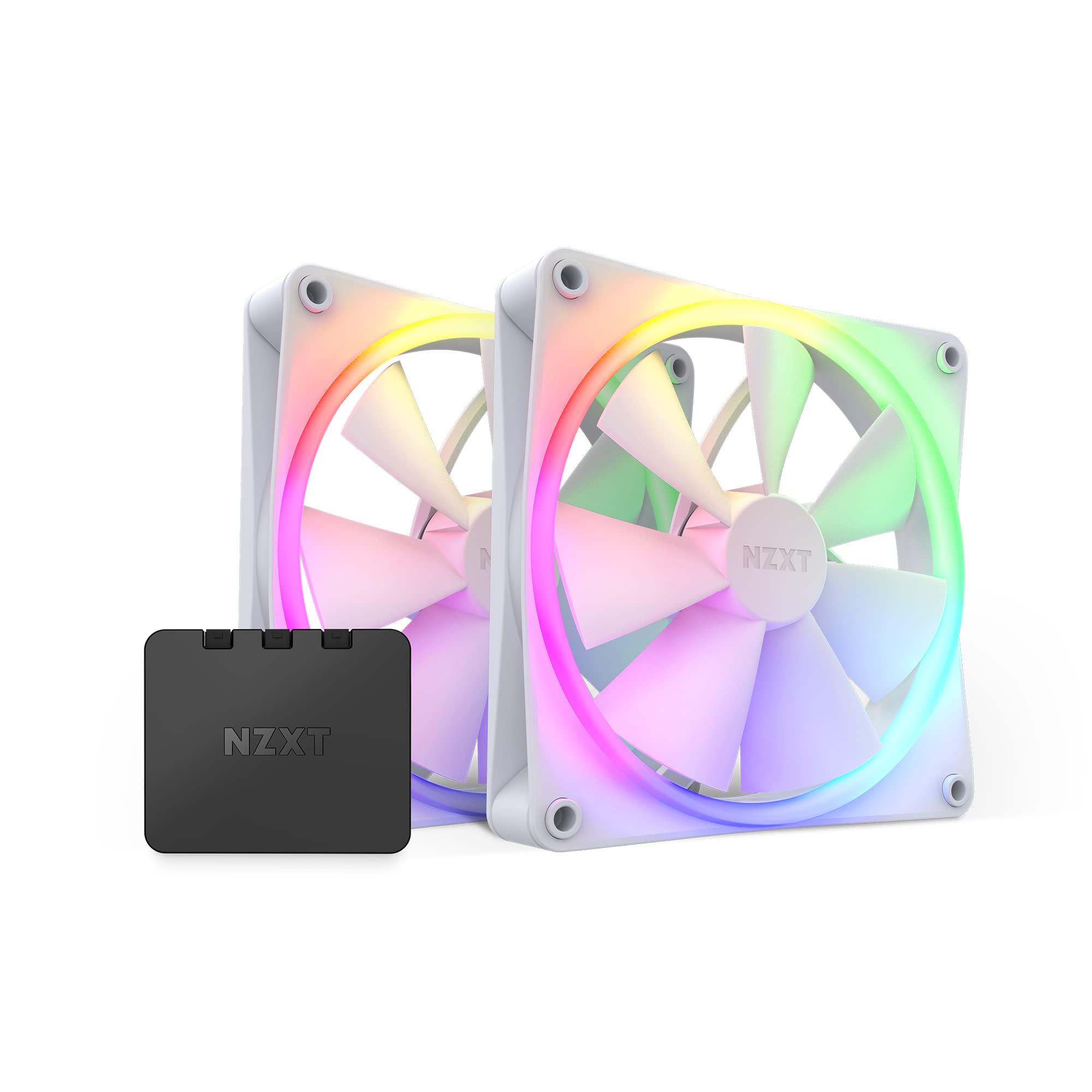 NZXT F140 RGB PC Cooling Fans - 140mm White LED Case Fans with Advanced RGB Lighting & Quiet Operation - Includes Twin Fans & Controller for Gaming PC, Workstation, and Home Office Setup