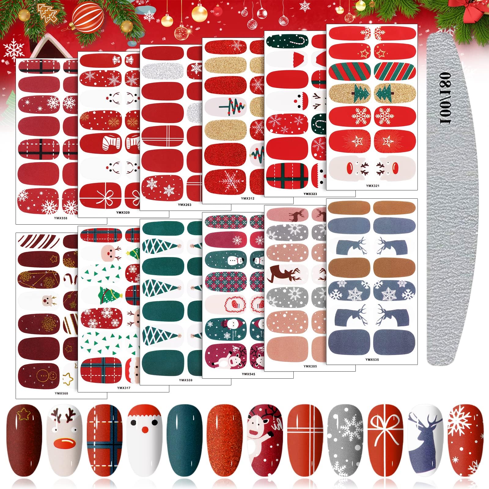 Kalolary 12 Sheets Christmas Nail Polish Strips - Self-Adhesive Snowflake Snowman Tree Deer Nail Art Stickers with Nail File | Holiday Party Manicure DIY Nail Decorations