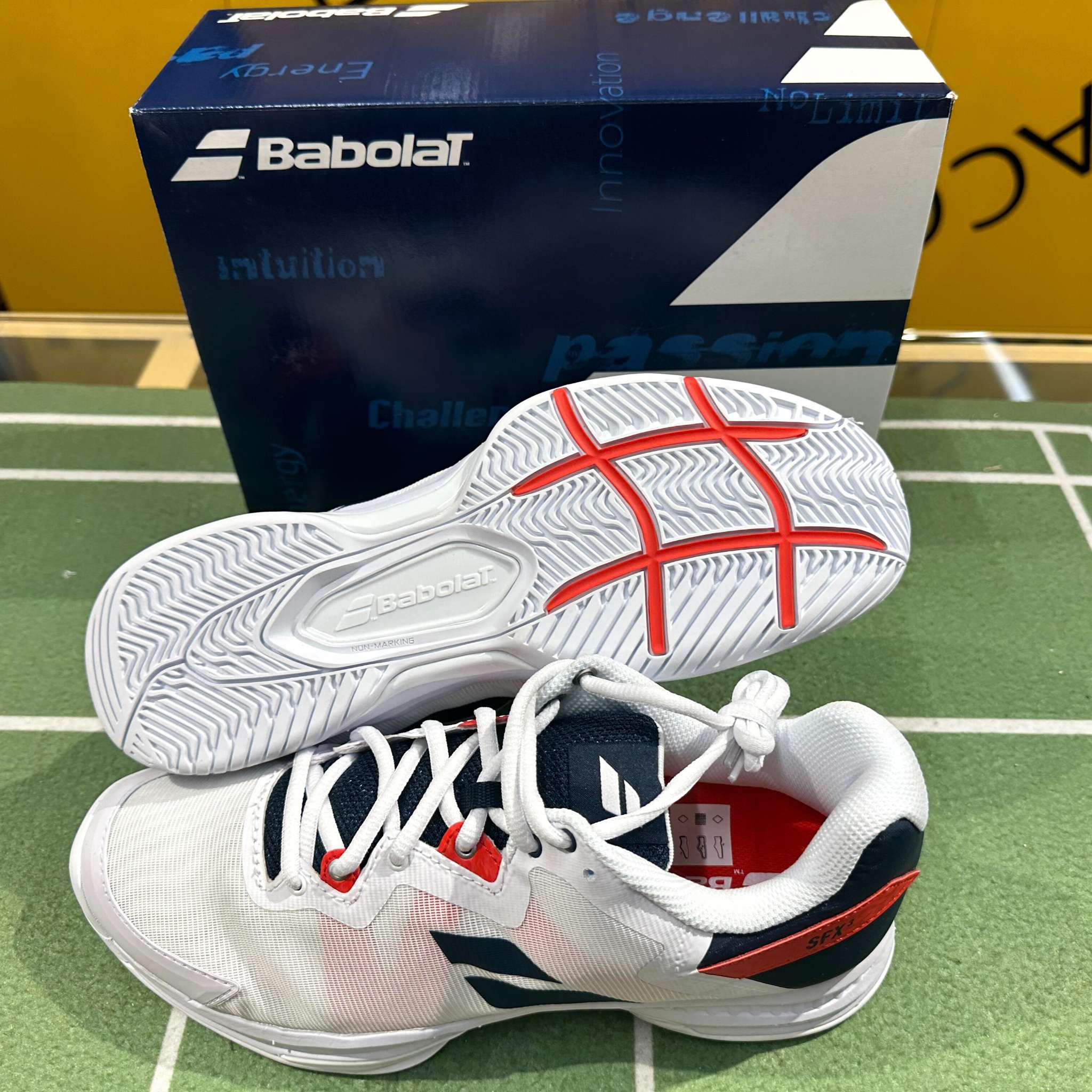 Babolat SFX3 All Court Men's Tennis Shoes - White/Blue | Lightweight & Durable for Indoor/Outdoor Play