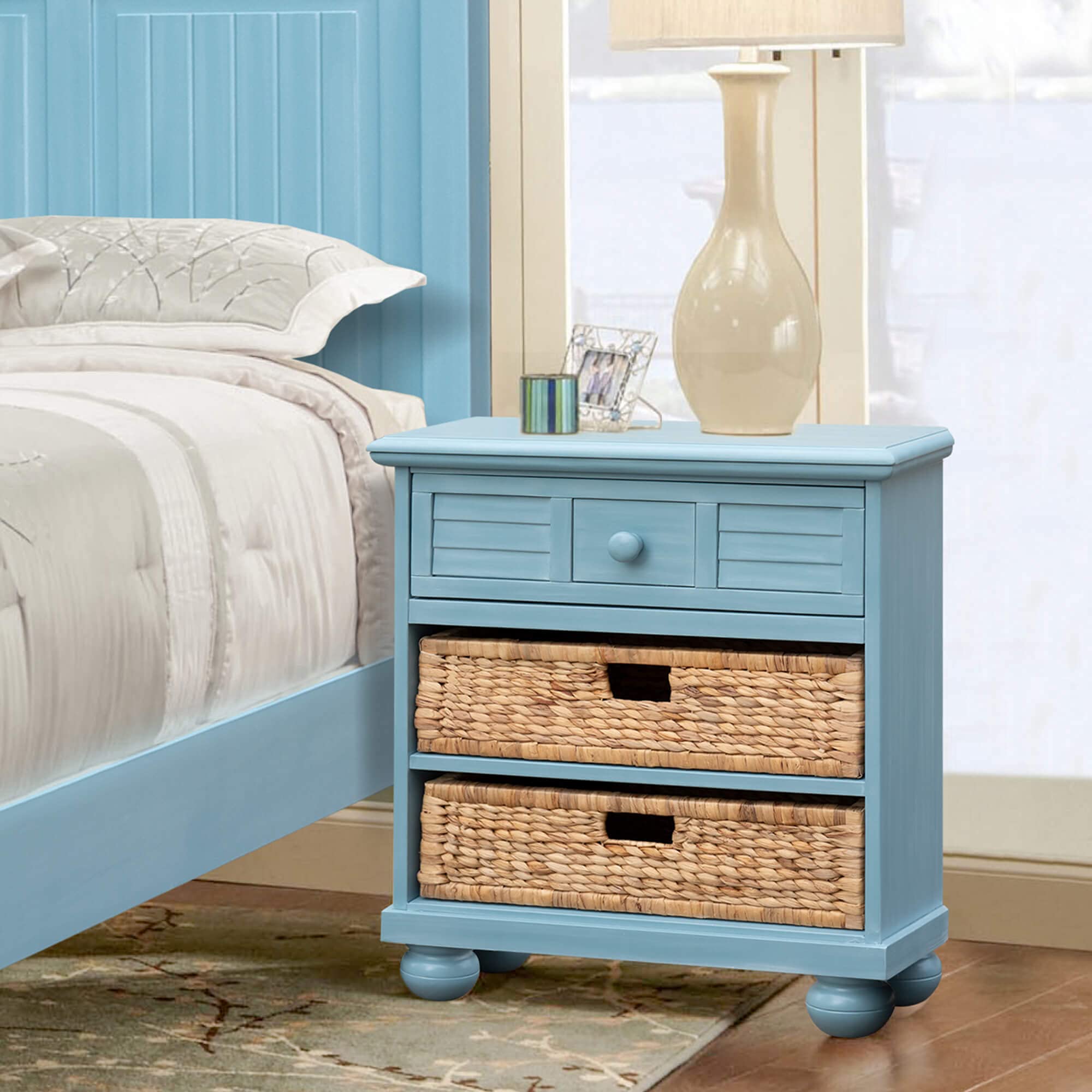 Sunset Trading Cool Breeze Nightstand with One Drawer & Two Baskets - Beach Blue Finish | Perfect for Bedroom, Guest Room or Beach House Decor