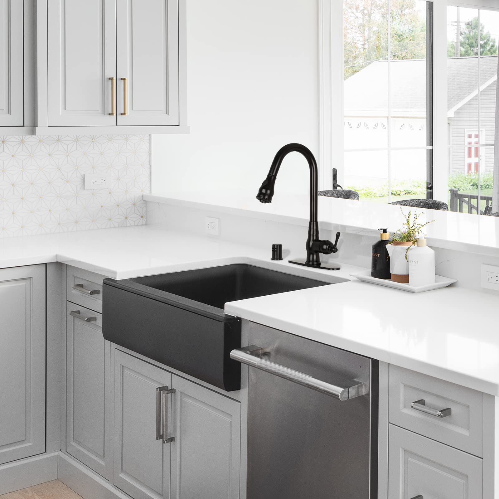 Akicon Matte Black One-Handle Pull-Down Kitchen Faucet with Deck Plate - Solid Brass Durable Design for Modern Home Kitchens and Sinks