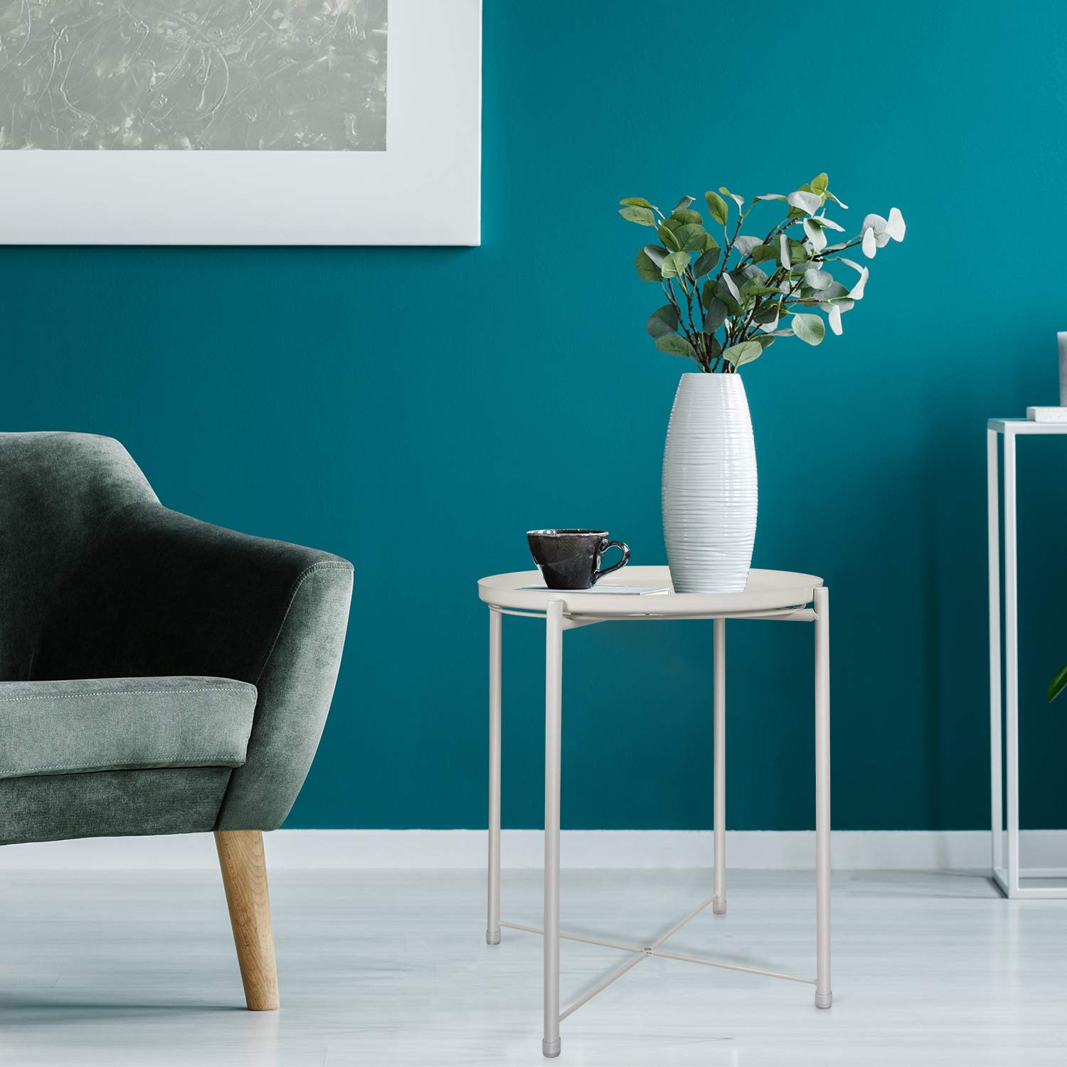 Round Metal Tray End Table - Small Side Table with Removable Tray for Living Room, Bedroom, Outdoor & Indoor Use - Perfect Nightstand and Sofa Snack Table (White)