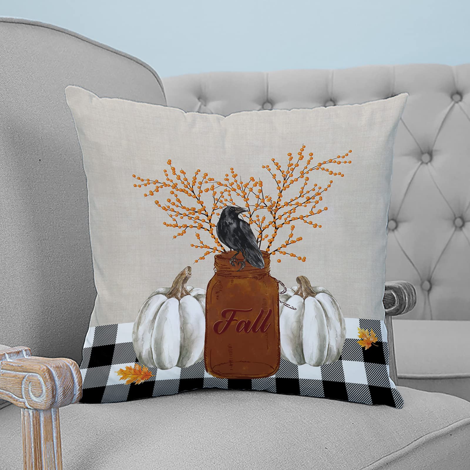 Thanksgiving Throw Pillow Covers 20x20 Inch - Decorative Cushion Covers for Couch, Bed, Sofa & Chair - Pumpkin, Raven, Orange Berries with Lattice Design - Perfect for Fall Home Decor, Thanksgiving Party & Cozy Living Room Accents