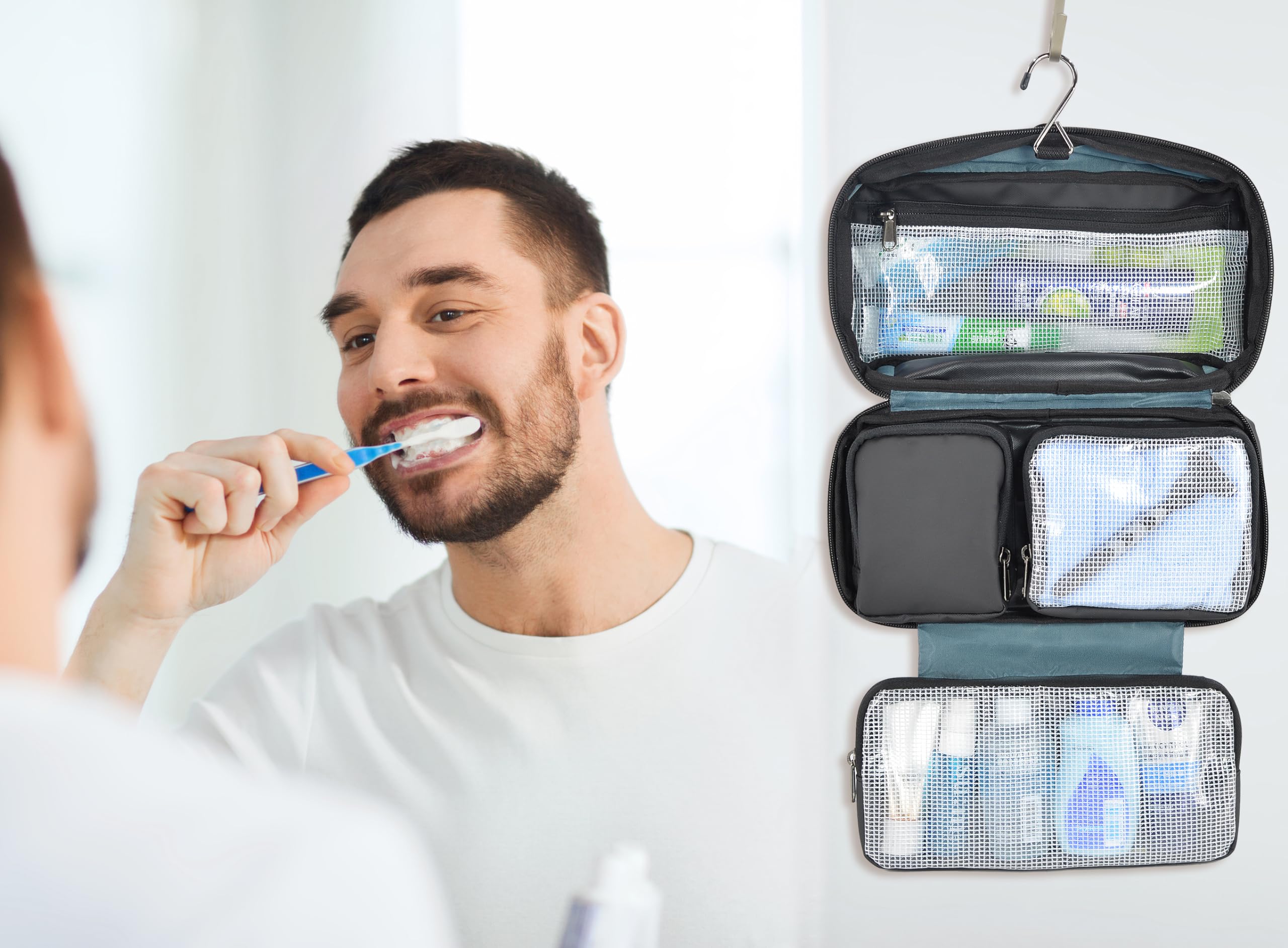 WELKINLAND 6-Pocket Hanging Toiletry Bag for Men - Waterproof Travel Shaving & Shower Organizer - Perfect for Gym, Camping, Business Trips & Overnight Stays (Black)