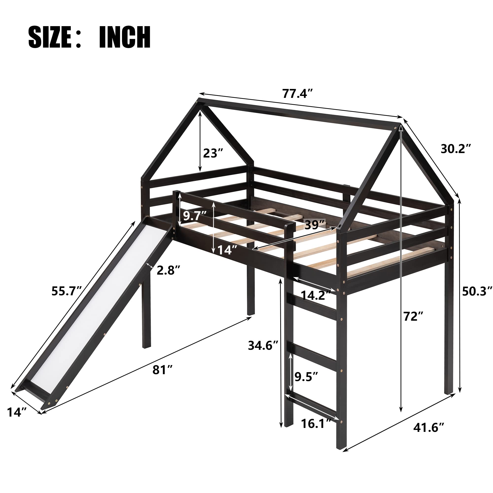 Twin Size Loft Bed with Slide - Wooden Space-Saving House Bed Frame for Kids, Play Tent Bed with Roof & Ladder, No Box Spring Needed (Espresso) - Perfect for Small Bedrooms, Playrooms & Kids' Sleepovers
