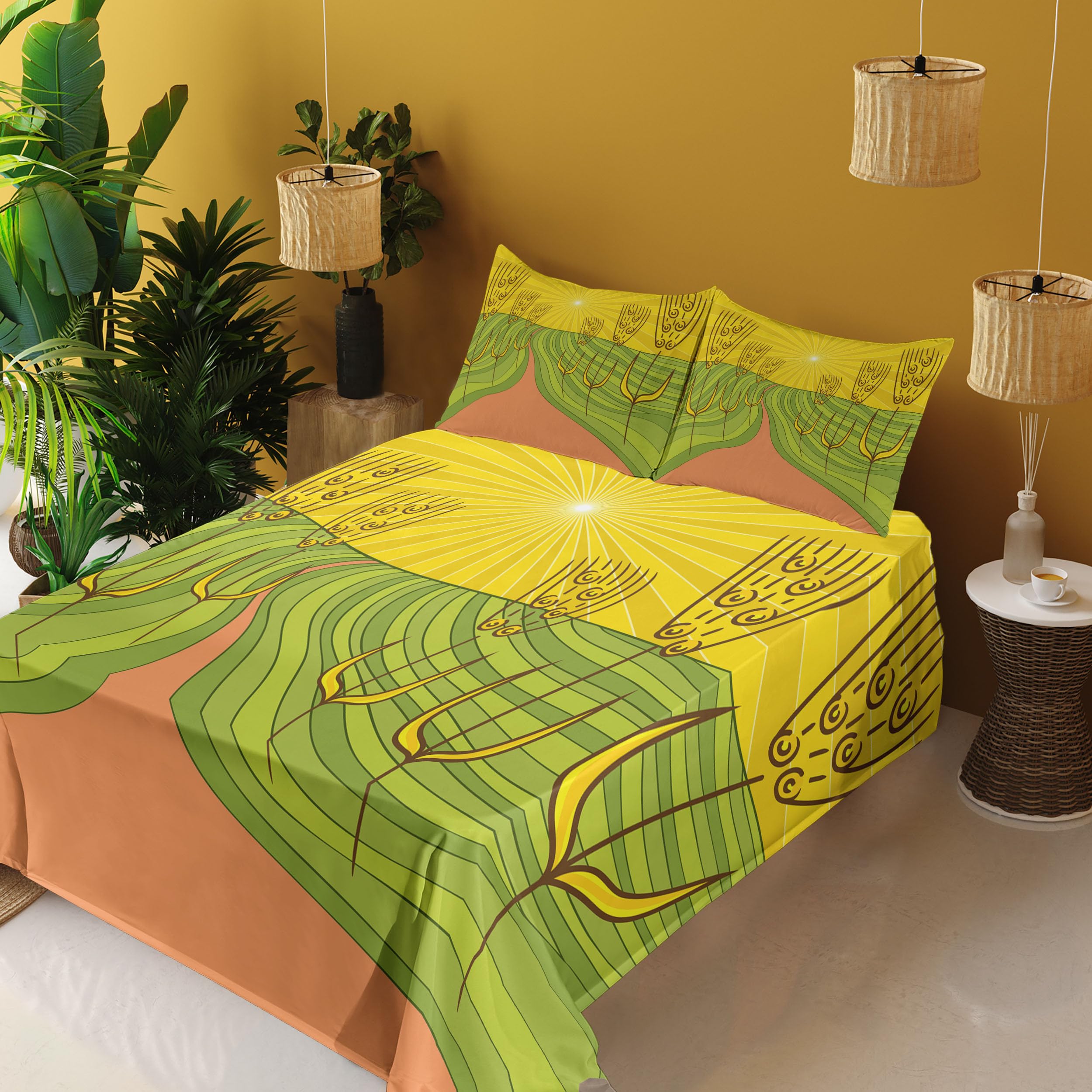 Ambesonne County Farmhouse Sheet Set - 4 Piece King Size Bedding with Agriculture Themed Farmland Design, Starburst Lines & Wheat Motifs in Burnt Sienna Yellow - Perfect for Rustic Bedrooms, Farmhouse Decor & Cozy Countryside Retreats