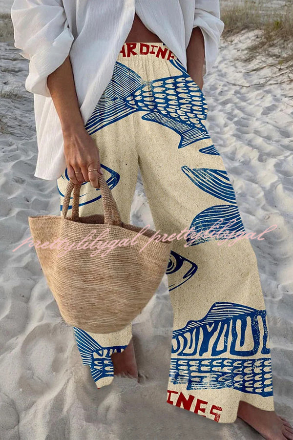 Stylish Marine Print Elastic Waist Loose Pocket Pants for Women - Comfortable Beachwear & Casual Summer Outfits