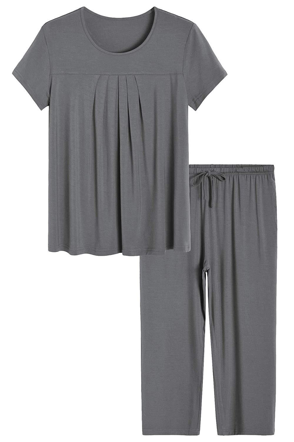 Soft & Breathable Women's Bamboo Pajama Set - Pleated Top & Capri Pants for Comfortable Sleep & Lounge Wear - Perfect for Nighttime Relaxation, Spa Days & Cozy Evenings at Home