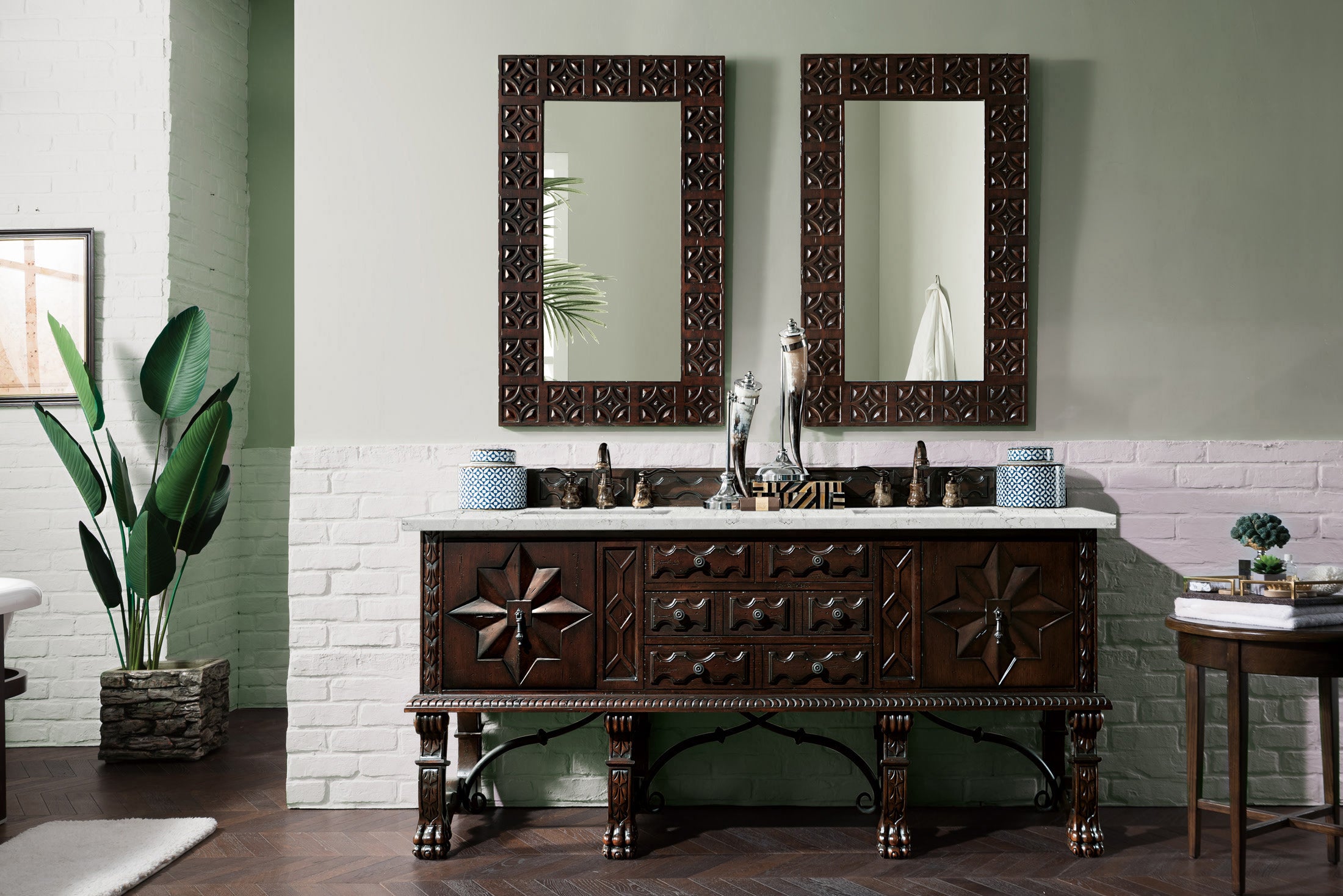 Balmoral 72 Inch Double Vanity Cabinet with 3CM Eternal Jasmine Pearl Quartz Top - Antique Walnut Bathroom Vanity for Modern & Traditional Home Decor | Perfect for Master Bathroom, Guest Bath, or Powder Room Makeover