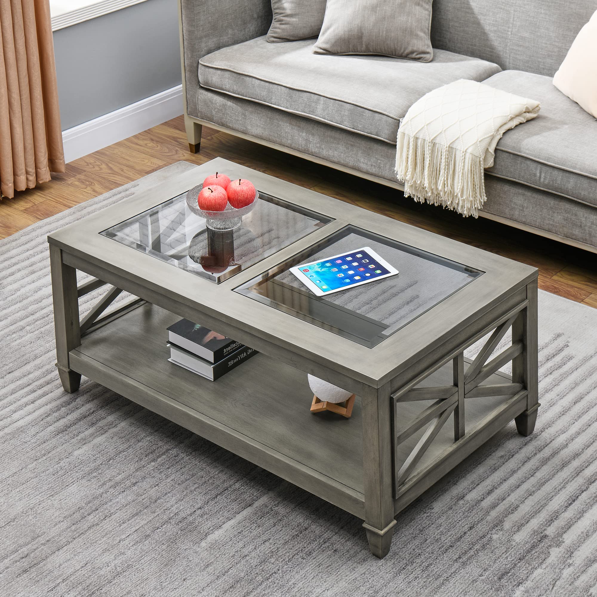 Rustic Solid Wood Farmhouse Coffee Table with Storage Shelf - 45.5