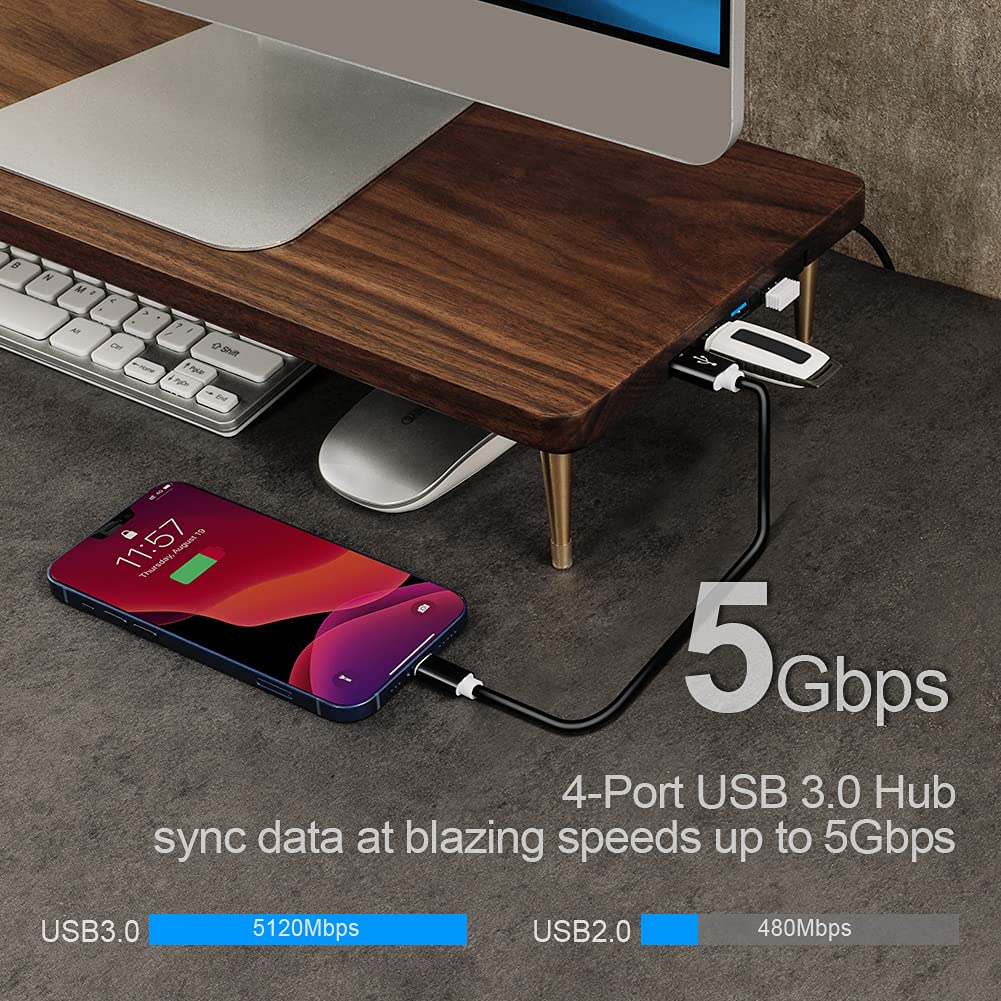 Walnut Wood Monitor Stand with 4 USB Ports - Ergonomic Riser for iMac, Laptop & Computer Screens to Reduce Eye Strain & Improve Posture | Perfect for Home Office & Workspace Setup