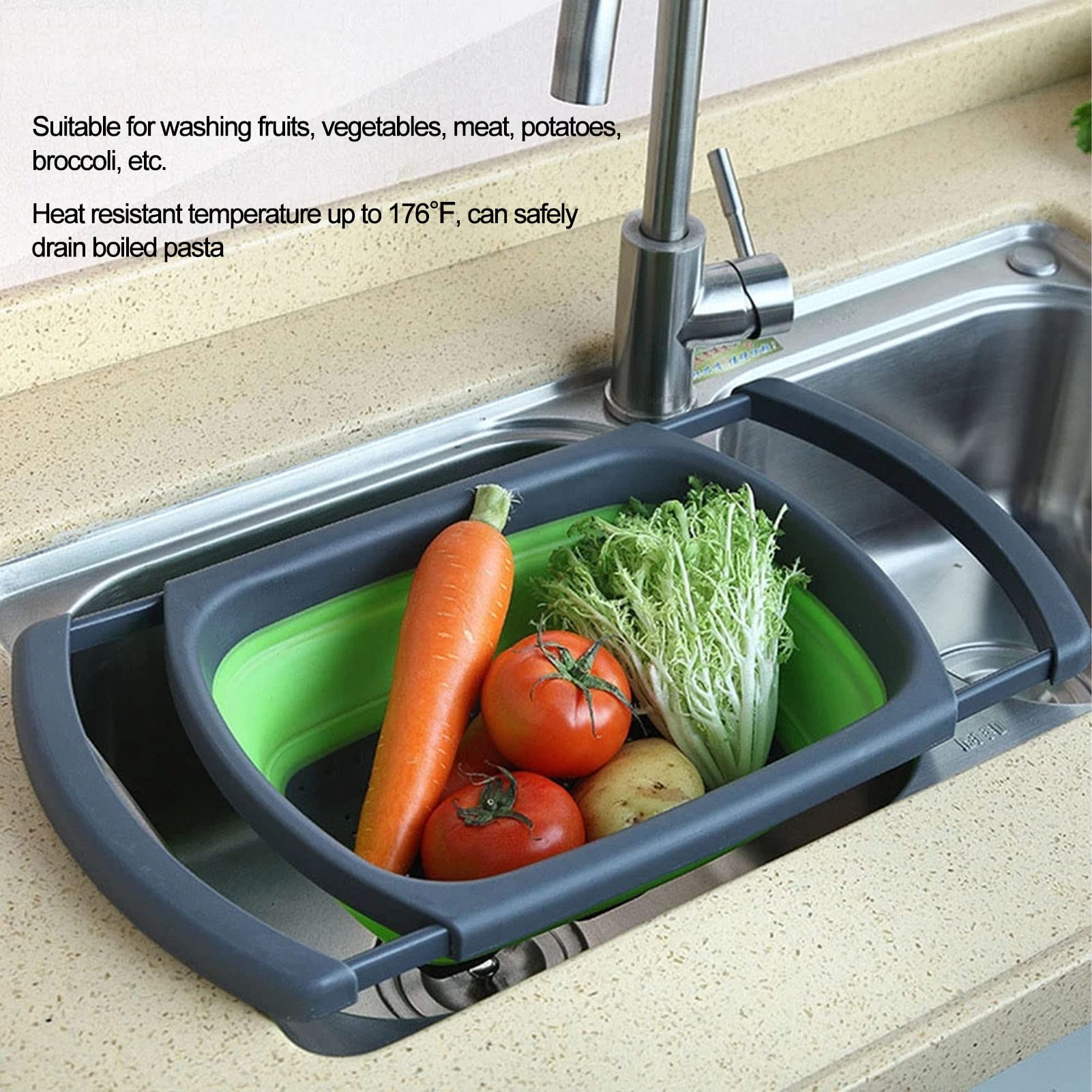 Lightweight Portable Silicone Foldable Fruit & Vegetable Wash Strainer Basket - High Temperature Resistant, Green Collapsible Drain Basket for Kitchen, Camping & Travel