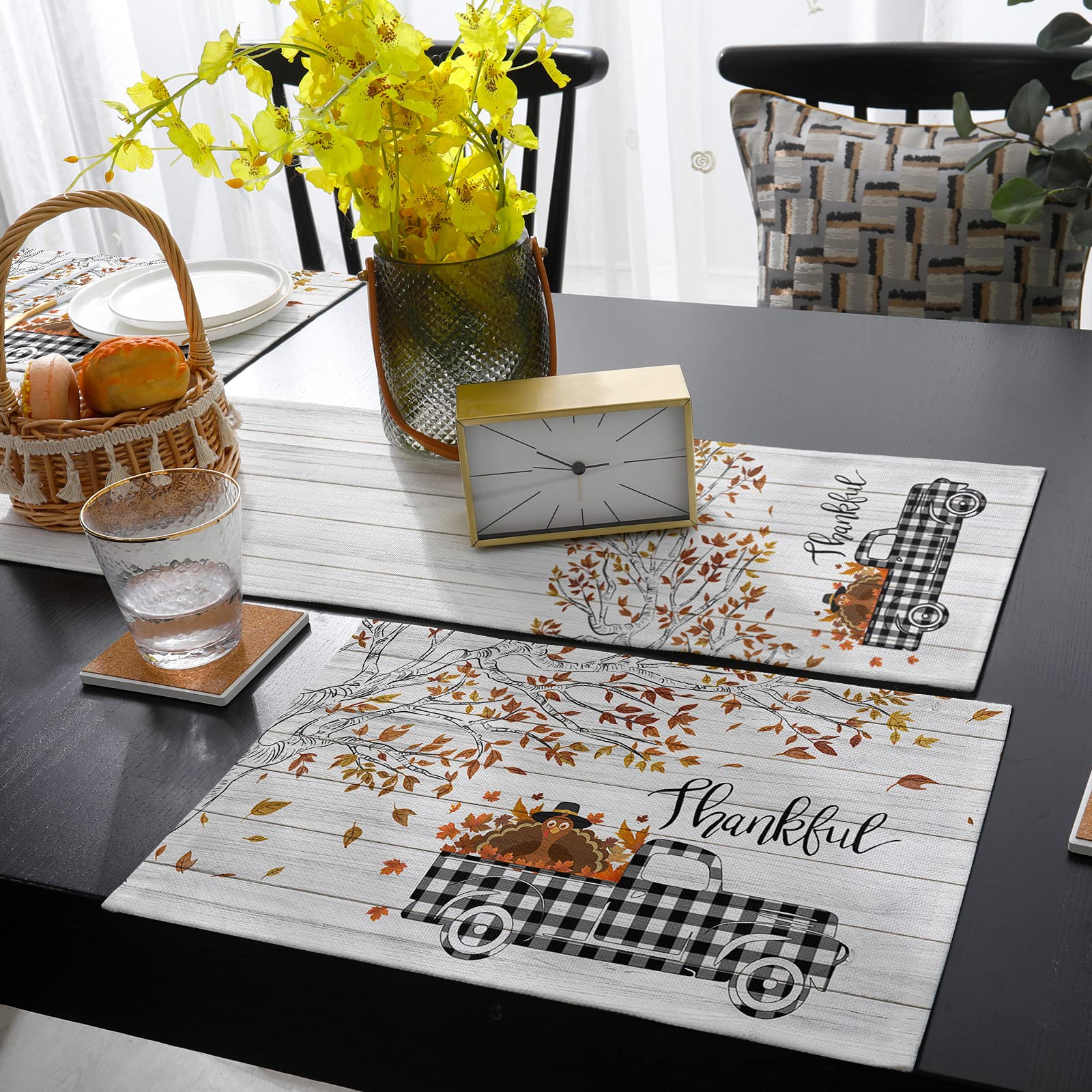 Savannan Burlap Thanksgiving Table Set - 6 Rustic Plaid Placemats & 1 Farmhouse Table Runner for Holiday Decor (Black/Tan Turkey Maple Leaf Design) - Perfect for Fall Gatherings, Dinner Parties & Autumn Home Decoration