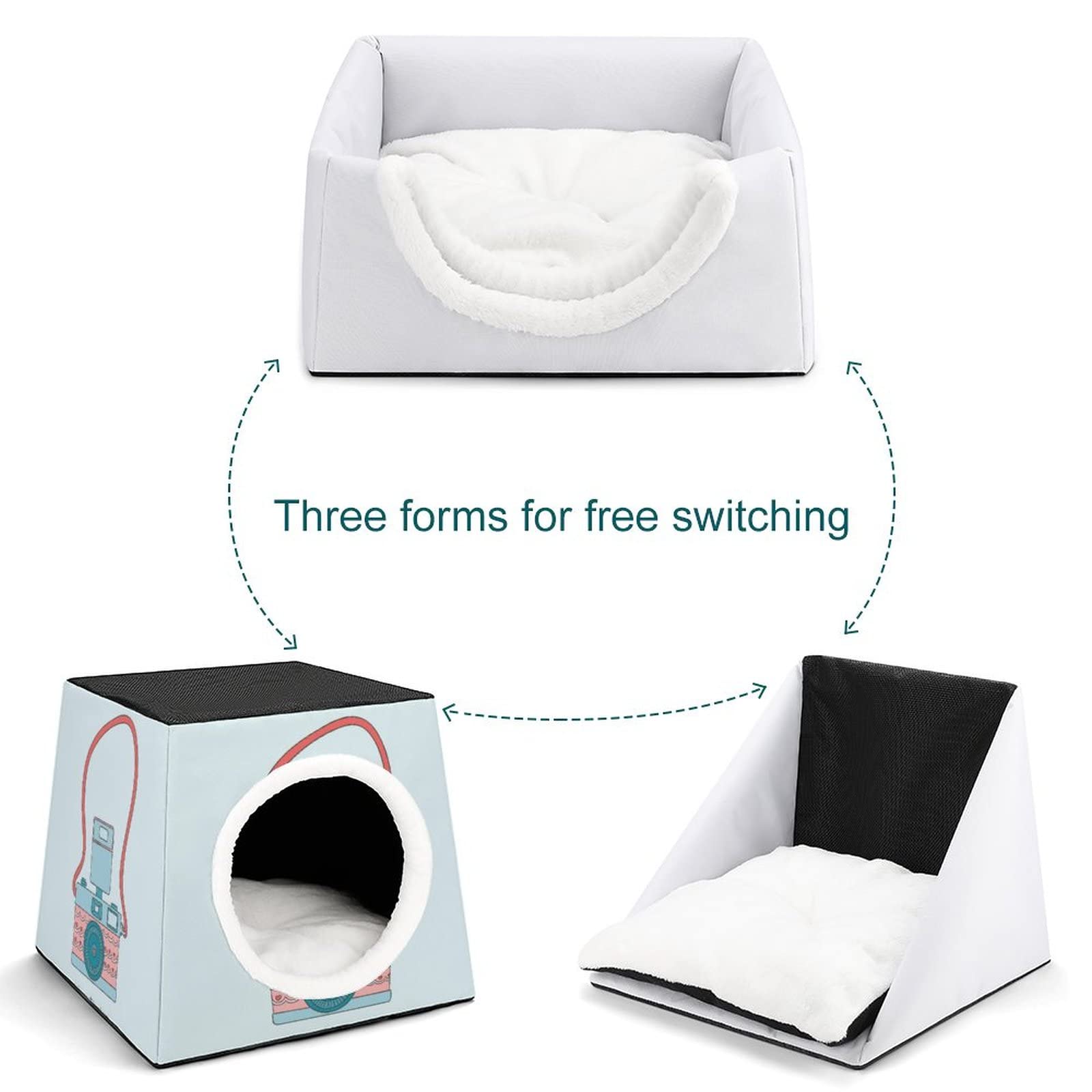Printed Cat Houses & Condos - Foldable Cat Cube Bed with Removable Pillow - Cute Camera Cartoon Design for Indoor Cats - Perfect for Living Room, Bedroom or Office Pet Furniture