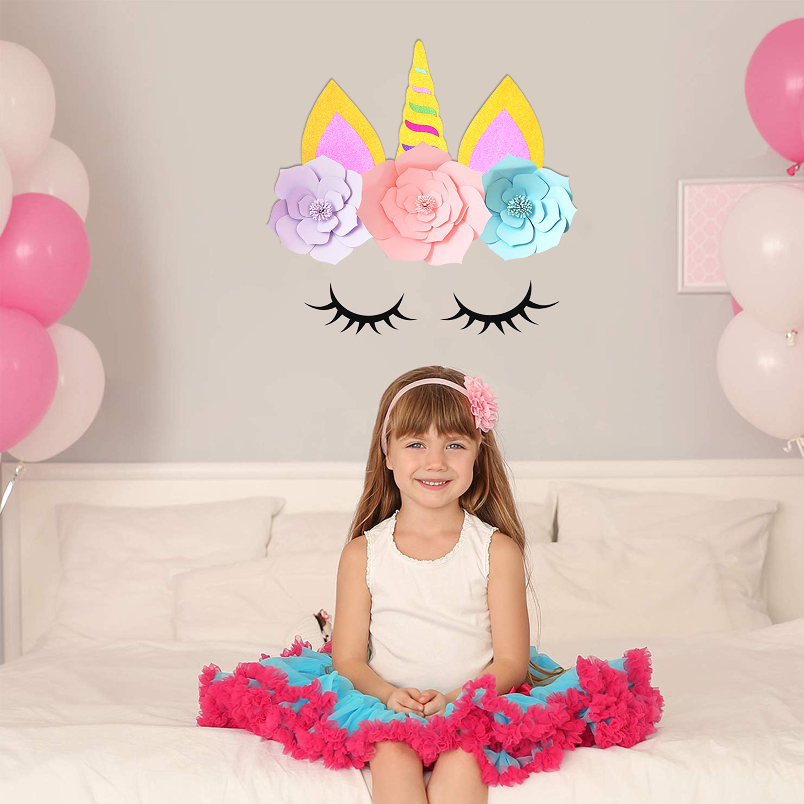 Gold Glitter Unicorn Backdrop for Parties - Giant Horn, Ears & Eyelashes DIY Wall Decor with Flowers | Perfect for Birthday, Baby Shower & Themed Events