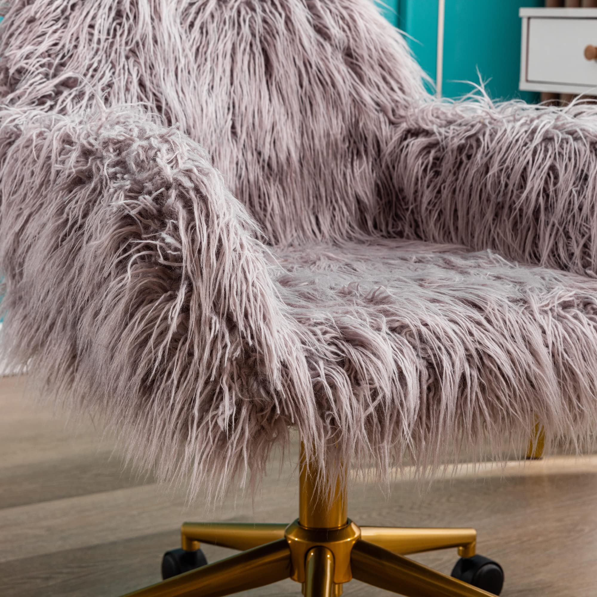 WILLIAMSPACE Fluffy Grey Fur Office Chair for Women - Rolling Swivel Vanity Chair with Arms for Workstations, Computer Desk & Home Office | US Stock Fast Shipping | Perfect for Work, Gaming & Makeup Dressing Table