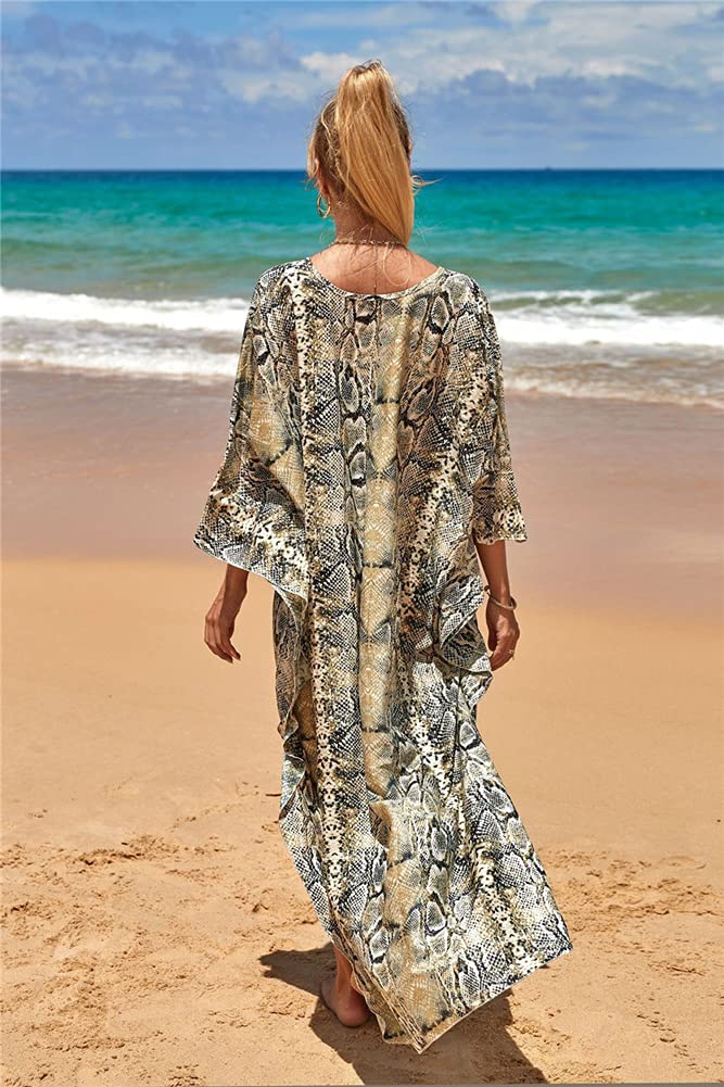 Women's V-Neck Kaftan Robe - Floral Ethnic Print Beach Cover Up Dress - Plus Size Bathing Suit Cover Up for Pool, Beach & Vacation Wear