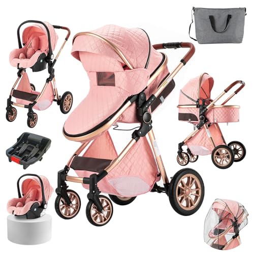 3 in 1 Baby Stroller Travel System - Reversible Newborn Foldable Pram with Car Seat Base | Infant High Landscape Pushchair, Portable Standard Stroller & Reclining Buggy | Perfect for Shopping, Travel & Daily Walks (UDV9-PINK)