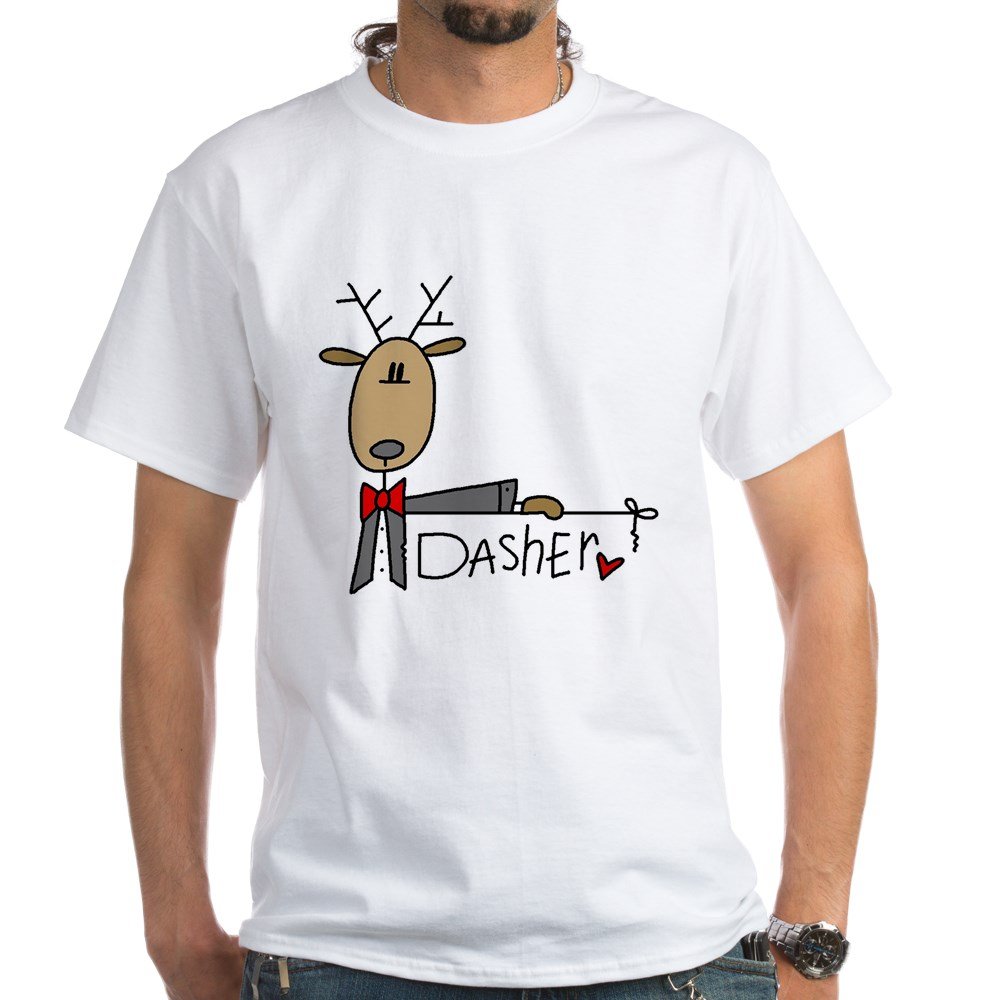 Dasher Reindeer White Cotton T-Shirt for Men & Women - Christmas Holiday Gift & Casual Wear
