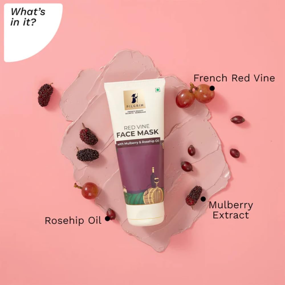 Pilgrim Anti-Aging Red Vine Face Mask with Mulberry Extracts & Rosehip Oil - Brightens Skin, Reduces Dark Spots & Blackheads - 100g - Perfect for Daily Skincare & Spa Treatments