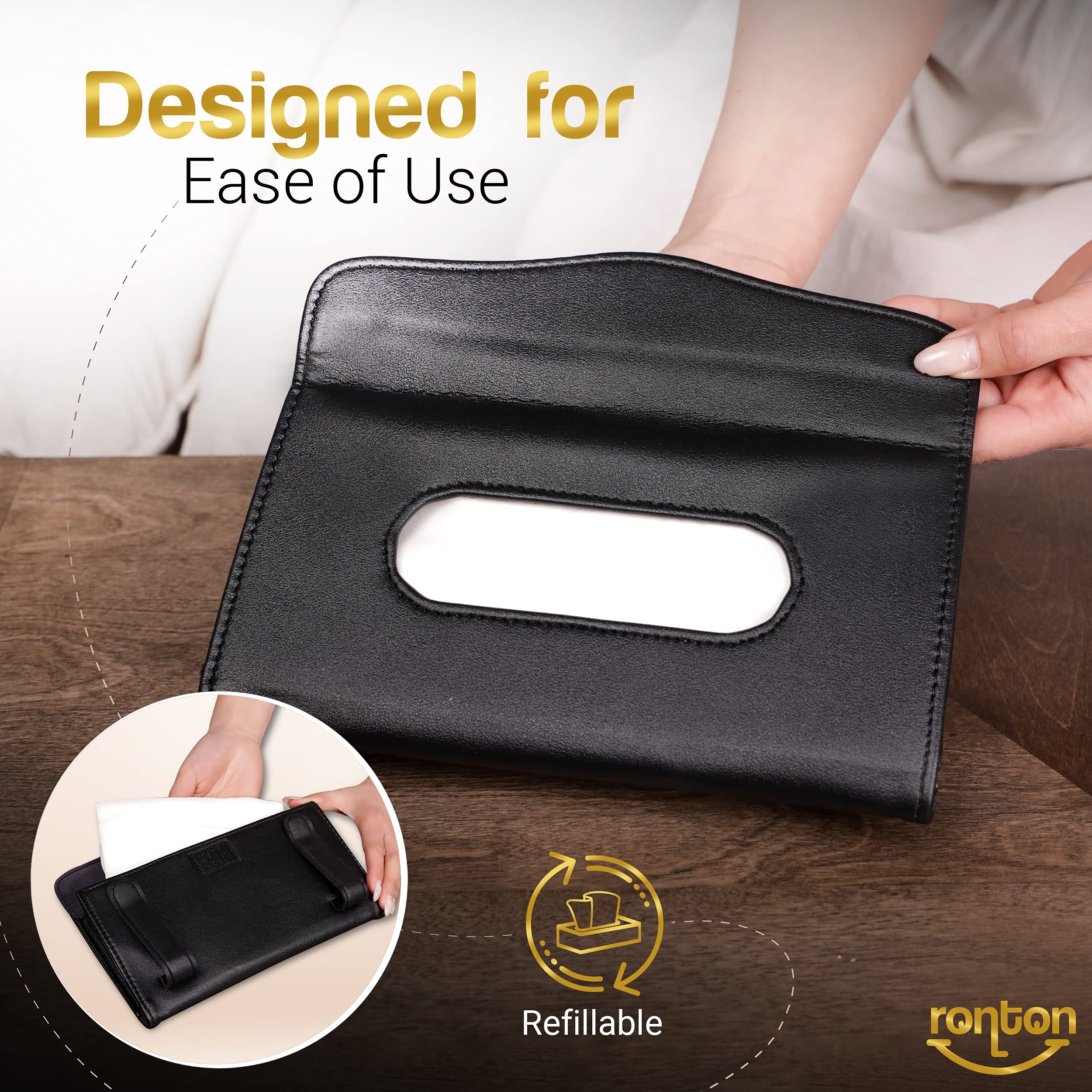 Ronton PU Leather Car Tissue Holder - Durable Sun Visor & Backseat Napkin Dispenser for Vehicles - Perfect for Road Trips, Daily Commutes and Family Travel Accessories